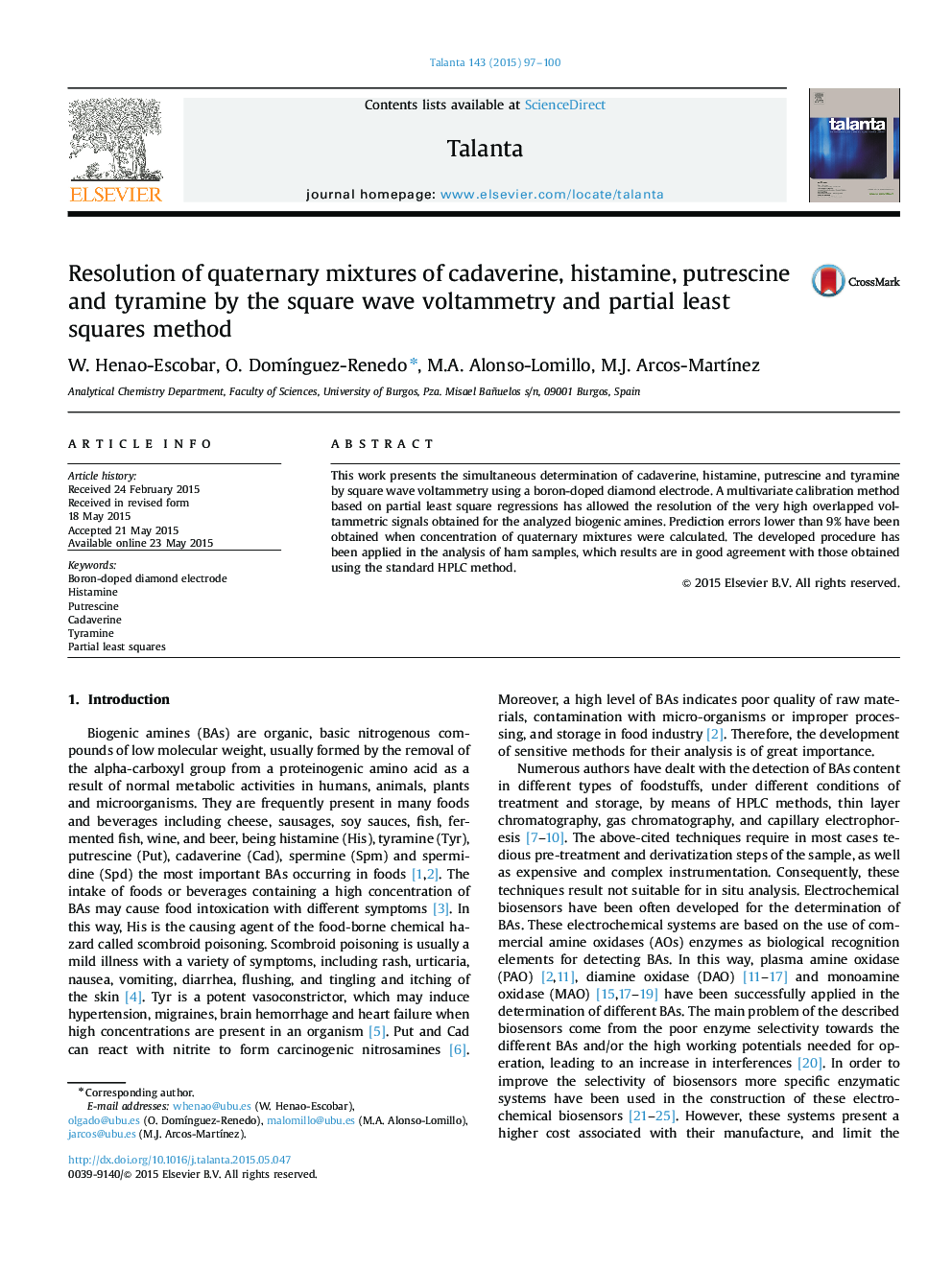 Resolution of quaternary mixtures of cadaverine, histamine, putrescine and tyramine by the square wave voltammetry and partial least squares method