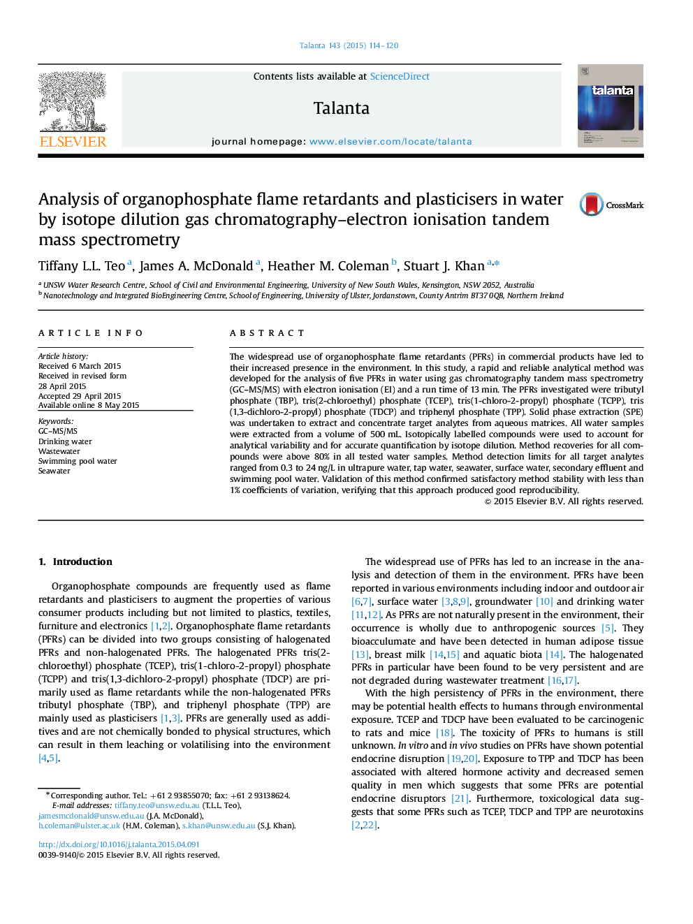 Analysis of organophosphate flame retardants and plasticisers in water by isotope dilution gas chromatography–electron ionisation tandem mass spectrometry