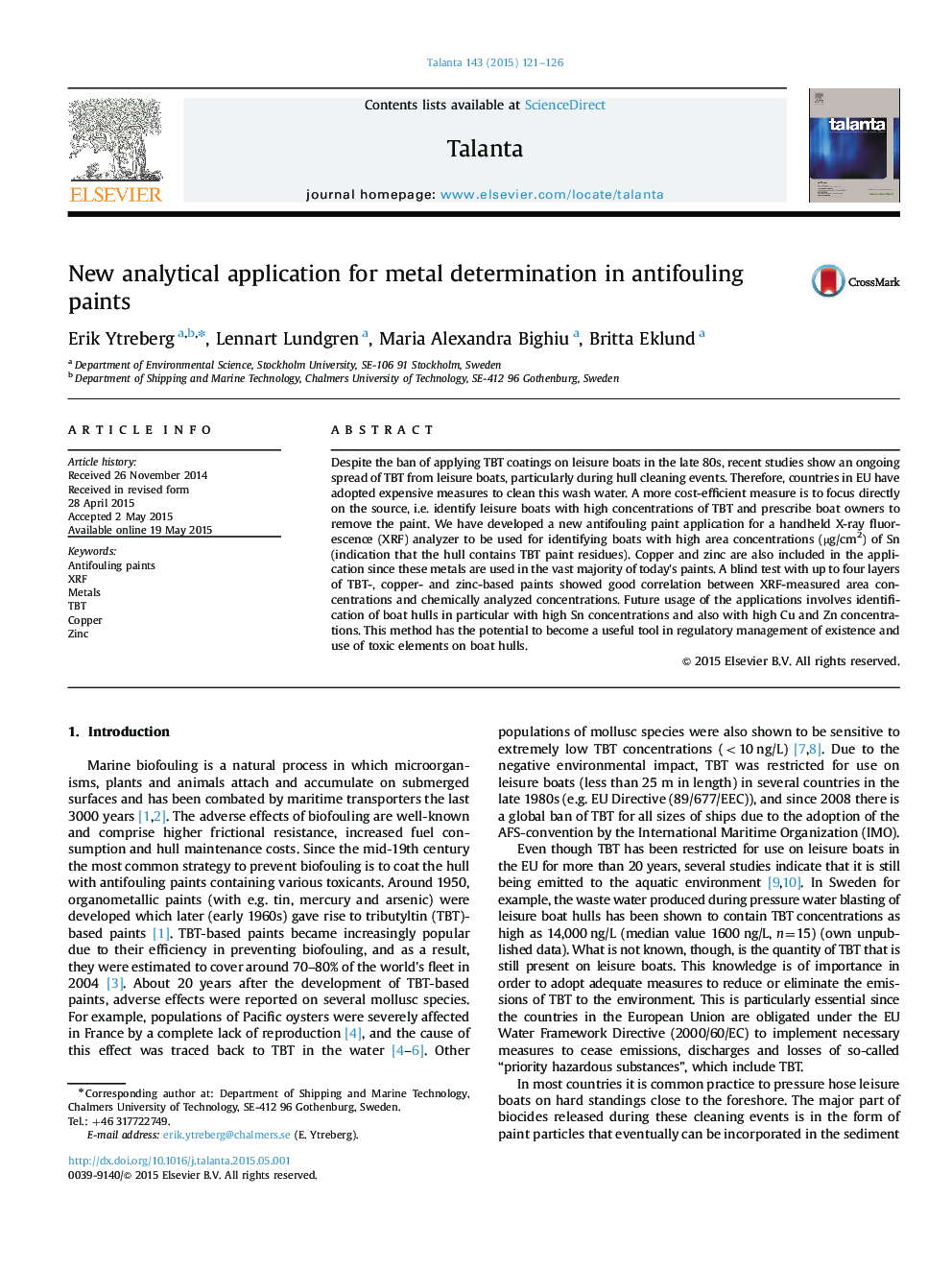 New analytical application for metal determination in antifouling paints