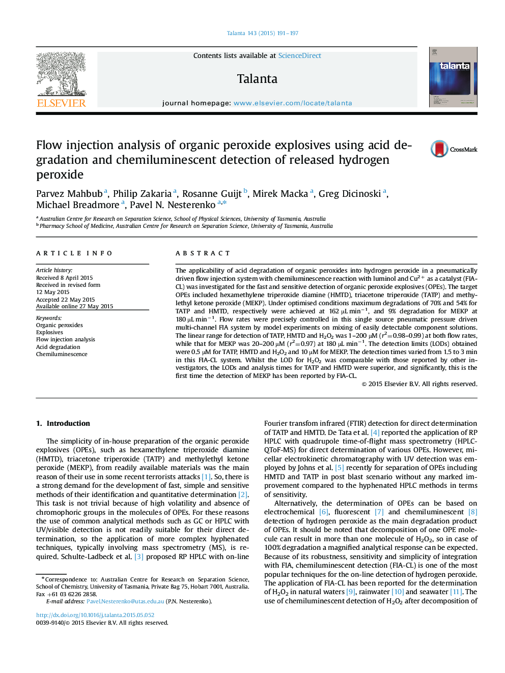 Flow injection analysis of organic peroxide explosives using acid degradation and chemiluminescent detection of released hydrogen peroxide