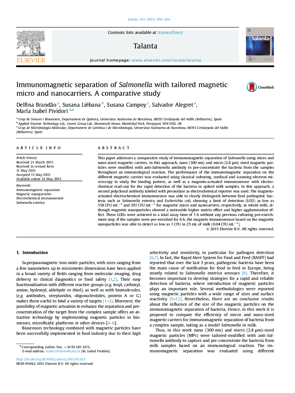 Immunomagnetic separation of Salmonella with tailored magnetic micro and nanocarriers. A comparative study