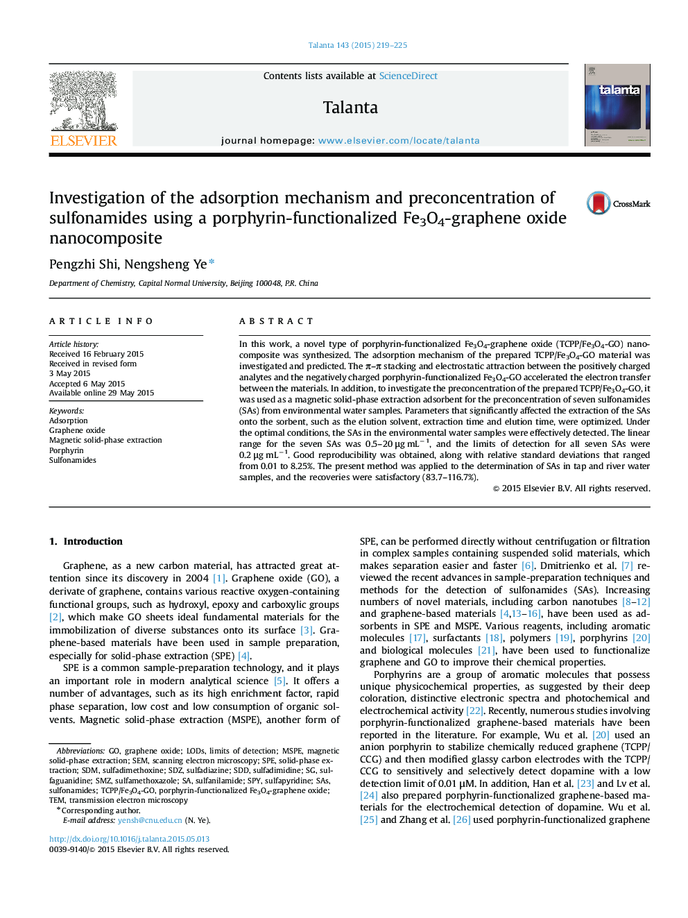 Investigation of the adsorption mechanism and preconcentration of sulfonamides using a porphyrin-functionalized Fe3O4-graphene oxide nanocomposite