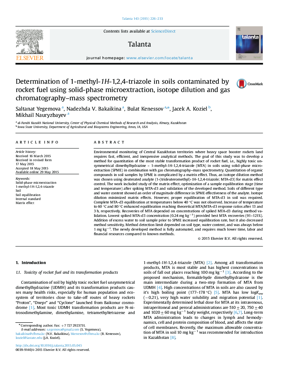 Determination of 1-methyl-1H-1,2,4-triazole in soils contaminated by rocket fuel using solid-phase microextraction, isotope dilution and gas chromatography–mass spectrometry