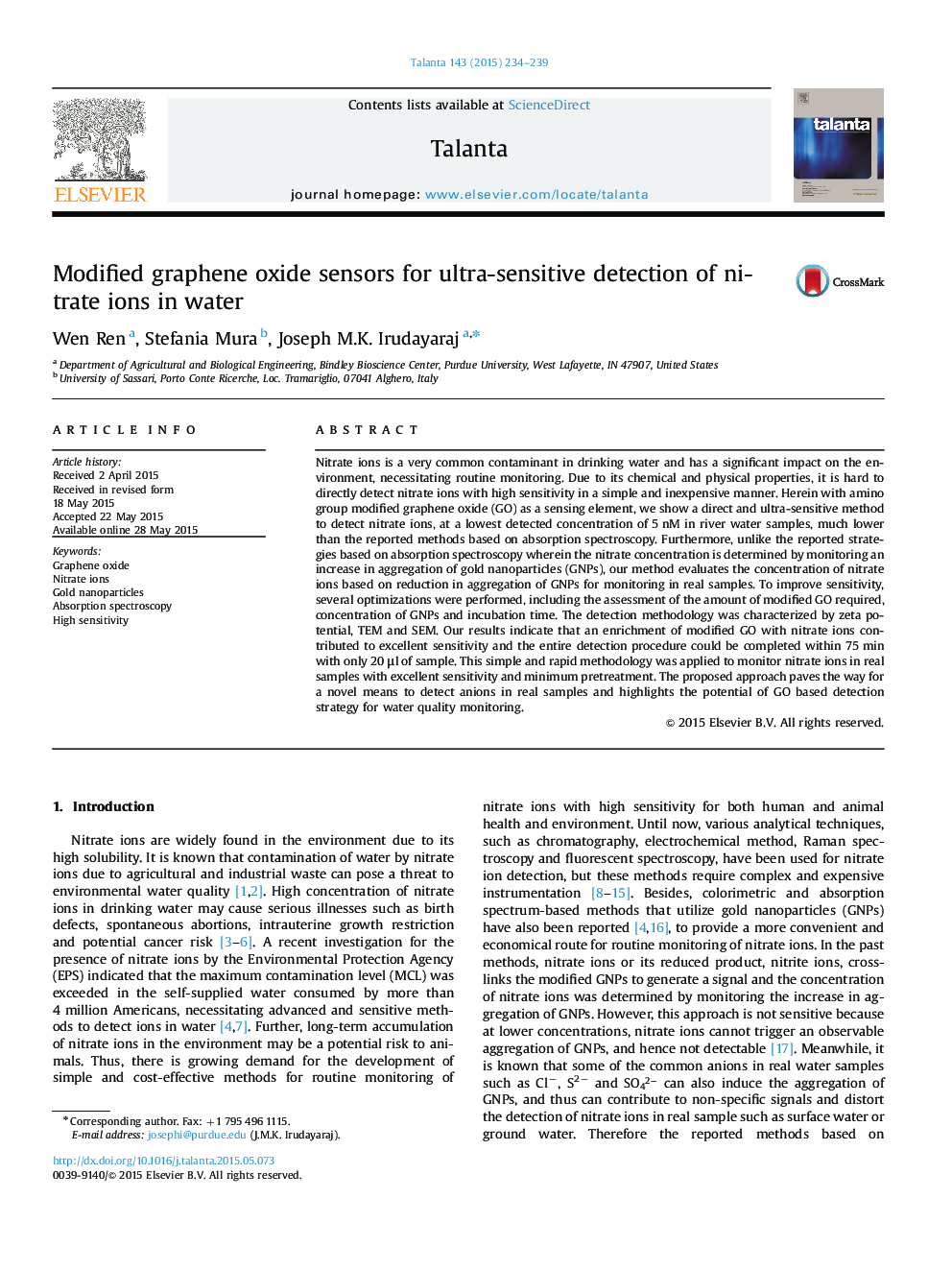 Modified graphene oxide sensors for ultra-sensitive detection of nitrate ions in water