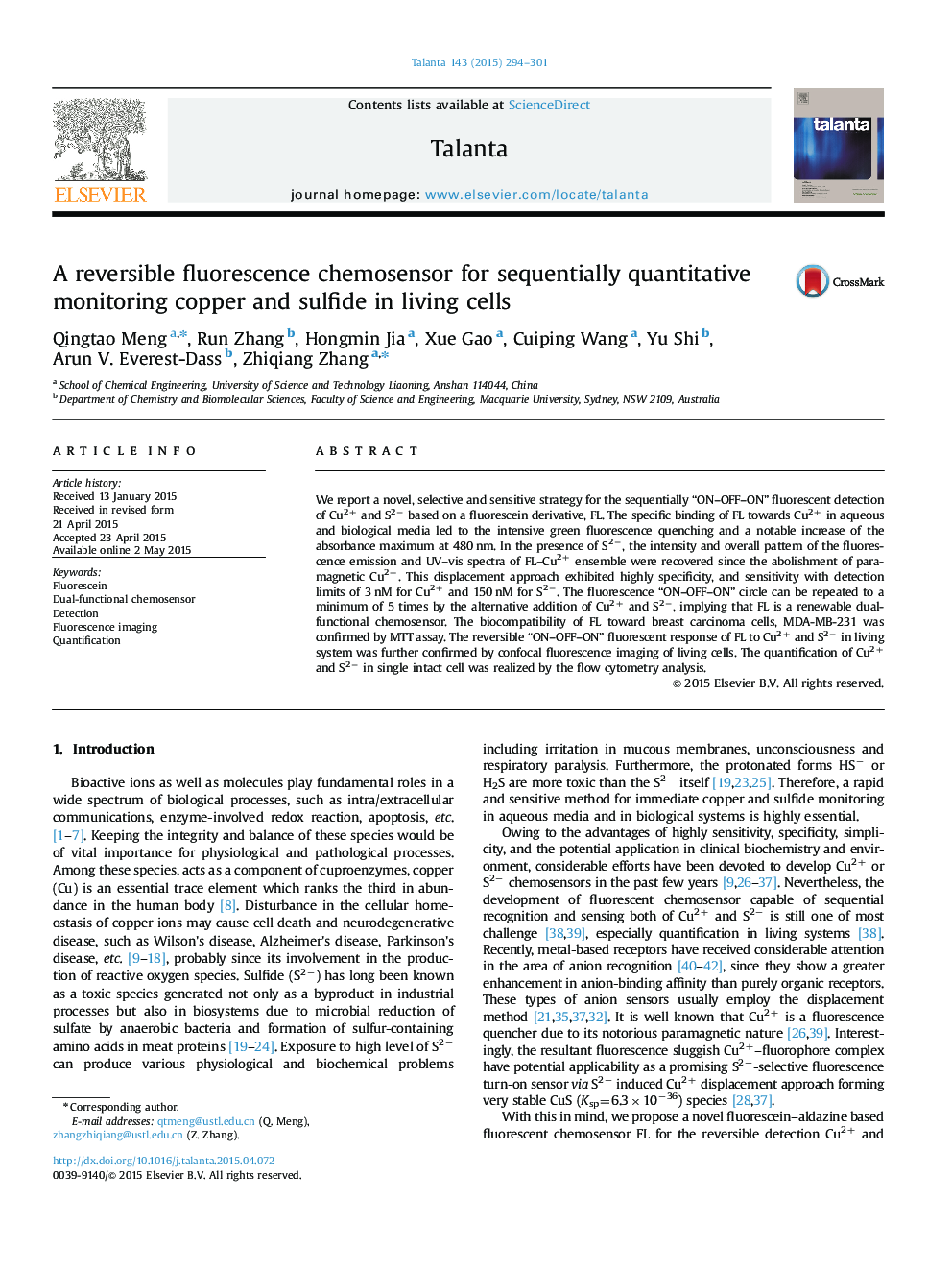 A reversible fluorescence chemosensor for sequentially quantitative monitoring copper and sulfide in living cells