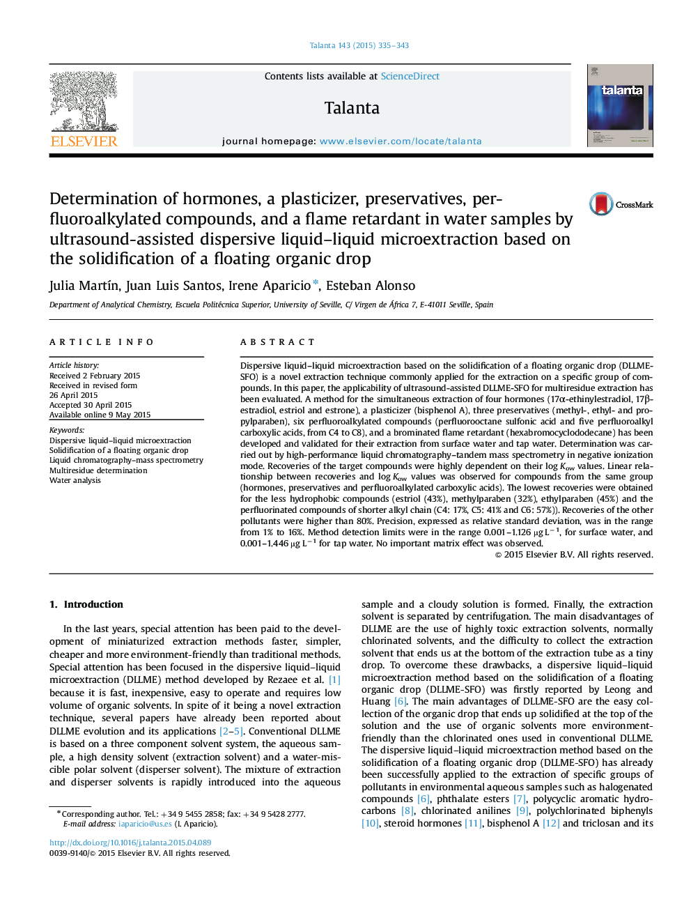 Determination of hormones, a plasticizer, preservatives, perfluoroalkylated compounds, and a flame retardant in water samples by ultrasound-assisted dispersive liquid–liquid microextraction based on the solidification of a floating organic drop