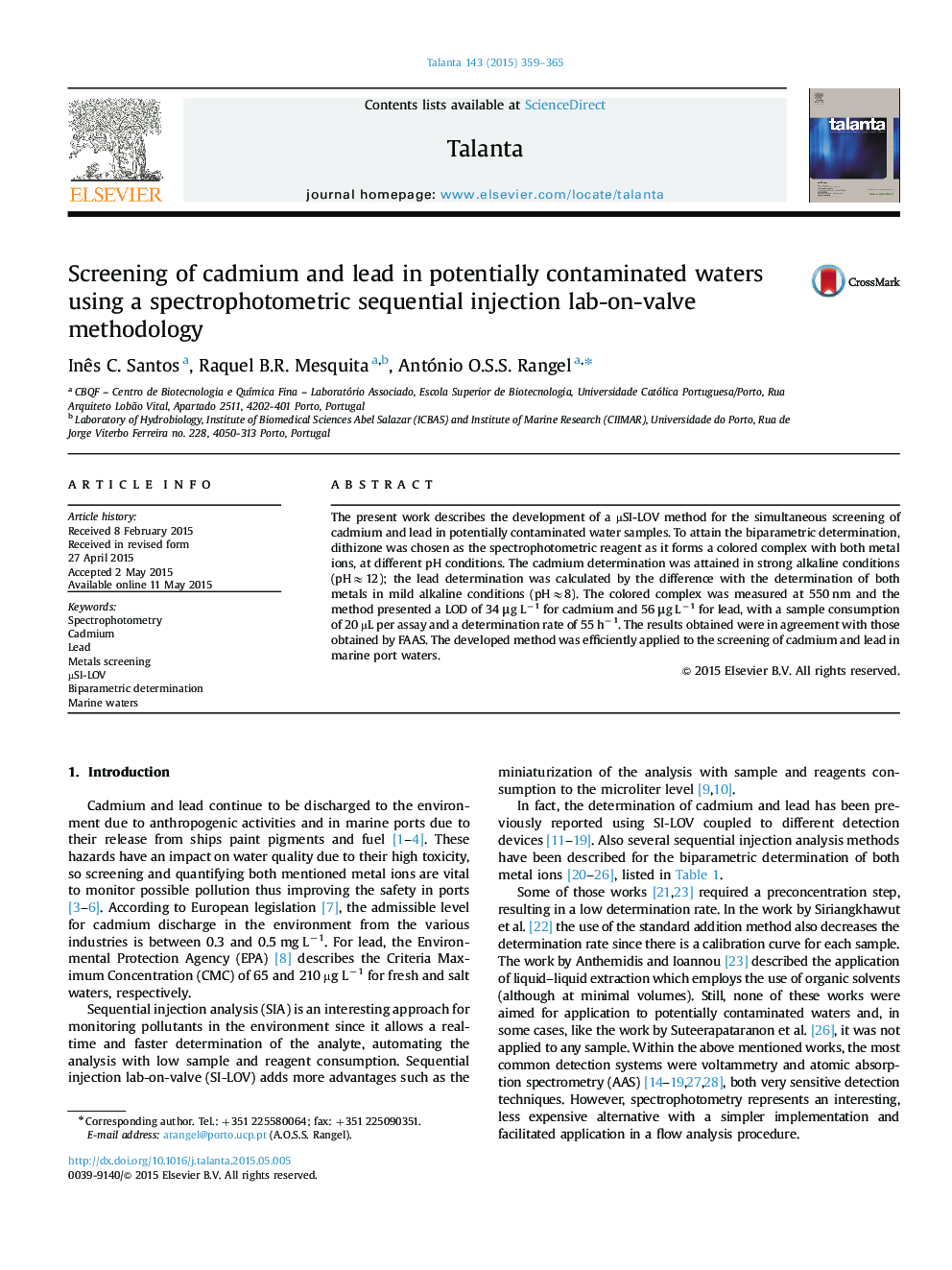 Screening of cadmium and lead in potentially contaminated waters using a spectrophotometric sequential injection lab-on-valve methodology