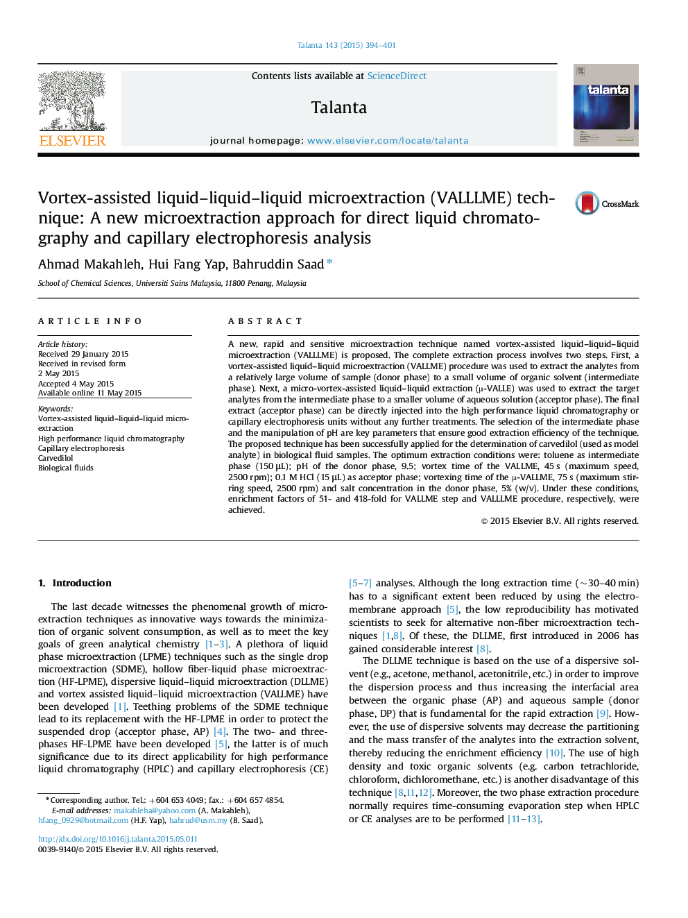 Vortex-assisted liquid–liquid–liquid microextraction (VALLLME) technique: A new microextraction approach for direct liquid chromatography and capillary electrophoresis analysis