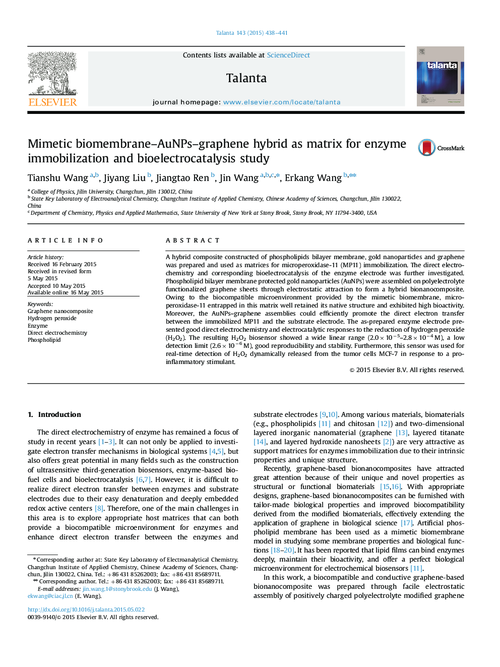 Mimetic biomembrane–AuNPs–graphene hybrid as matrix for enzyme immobilization and bioelectrocatalysis study