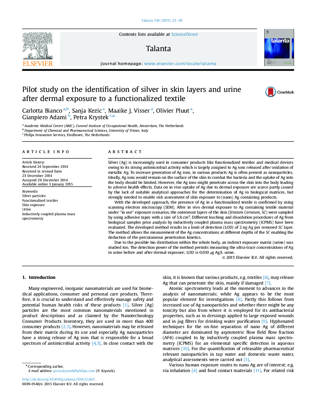 Pilot study on the identification of silver in skin layers and urine after dermal exposure to a functionalized textile