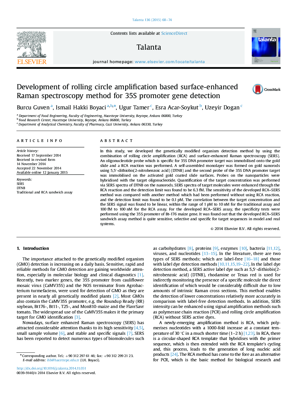 عکس صفحه اول مقاله: Development of rolling circle amplification based surface-enhanced Raman spectroscopy method for 35S promoter gene detection Development of rolling circle amplification based surface-enhanced Raman spectroscopy method for 35S promoter gene detection