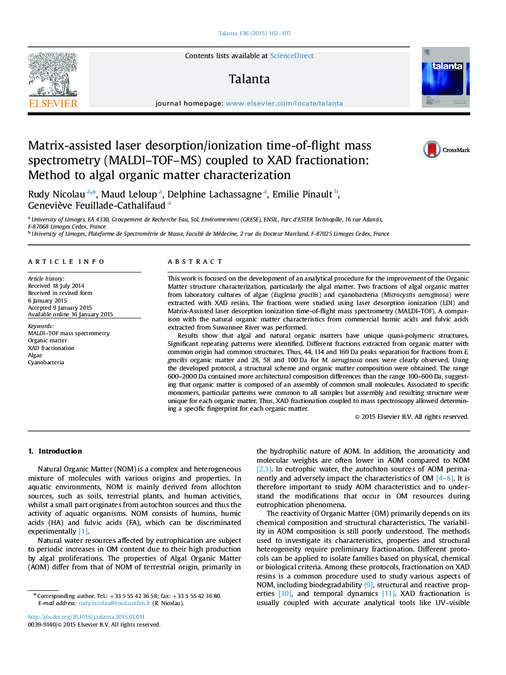 Matrix-assisted laser desorption/ionization time-of-flight mass spectrometry (MALDI–TOF–MS) coupled to XAD fractionation: Method to algal organic matter characterization