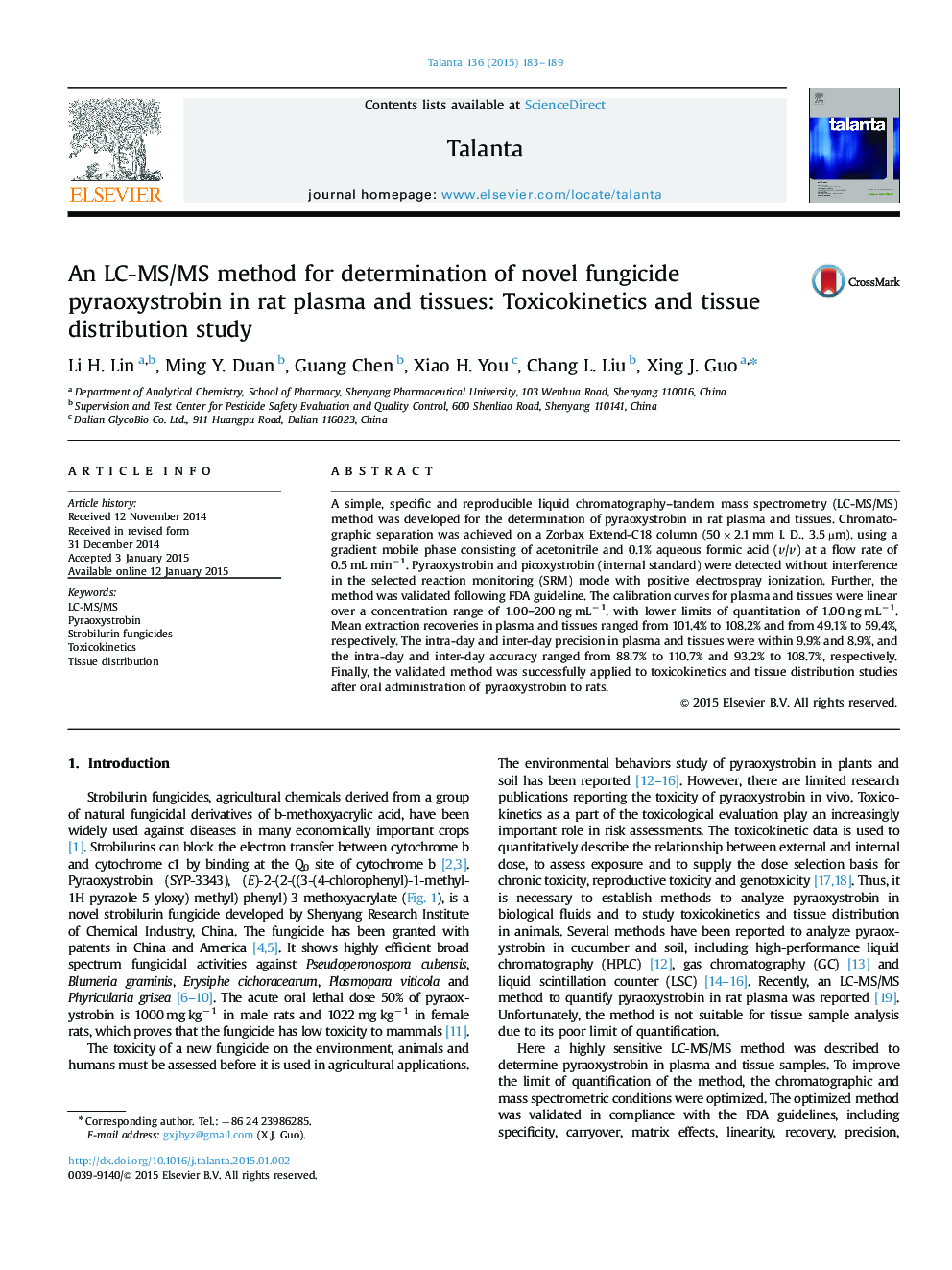 An LC-MS/MS method for determination of novel fungicide pyraoxystrobin in rat plasma and tissues: Toxicokinetics and tissue distribution study