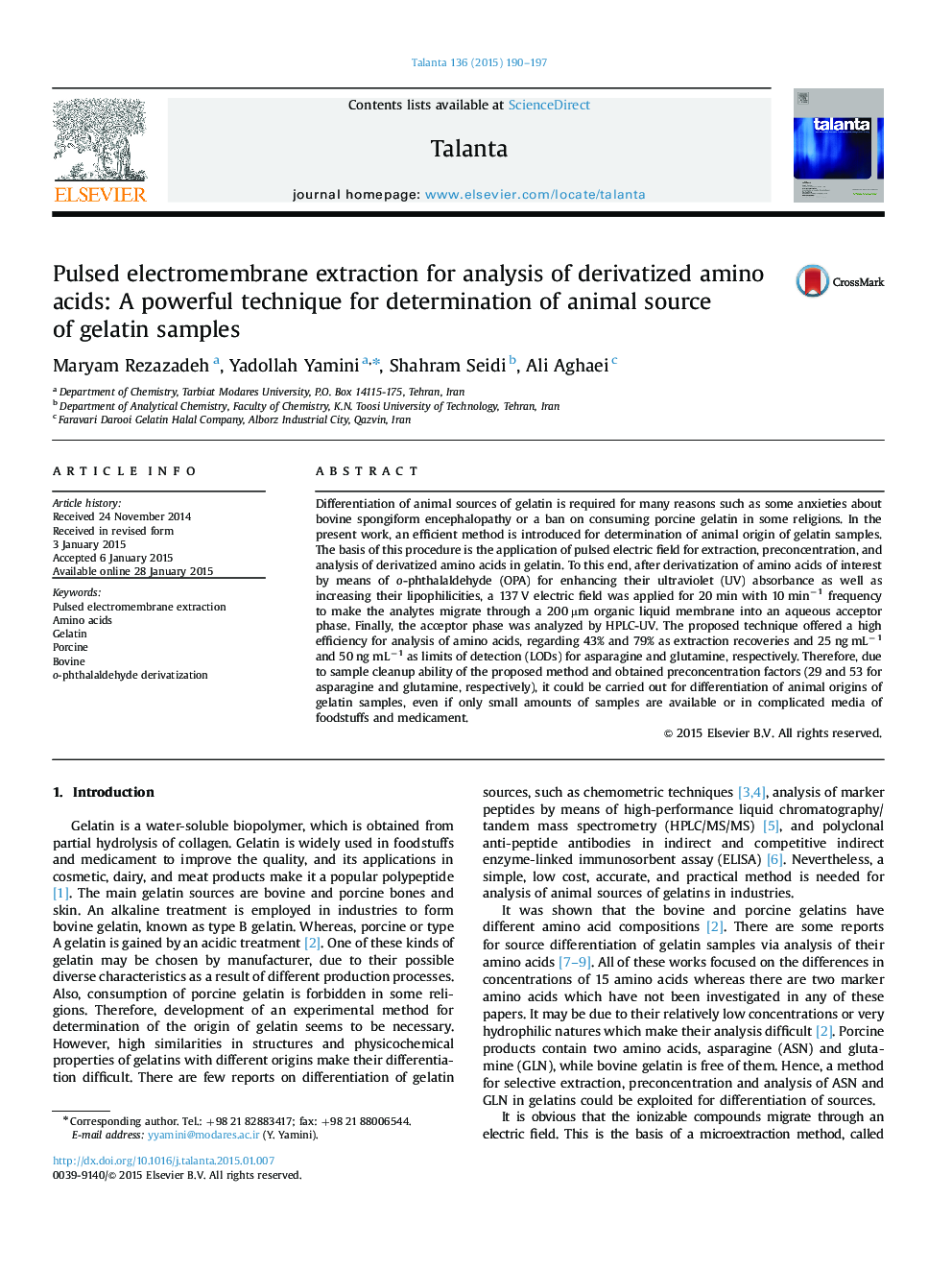 Pulsed electromembrane extraction for analysis of derivatized amino acids: A powerful technique for determination of animal source of gelatin samples