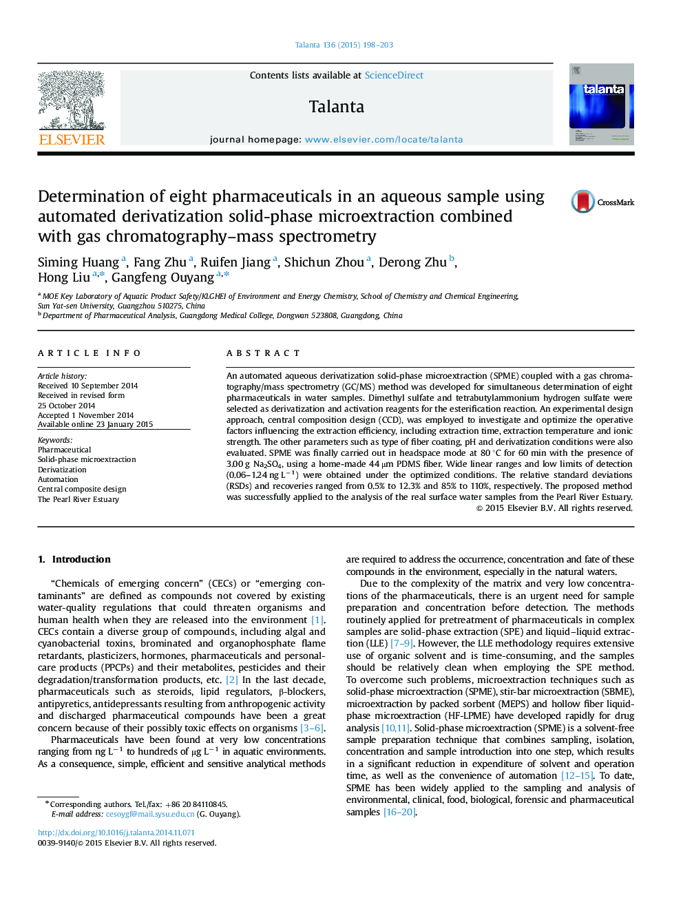 Determination of eight pharmaceuticals in an aqueous sample using automated derivatization solid-phase microextraction combined with gas chromatography–mass spectrometry