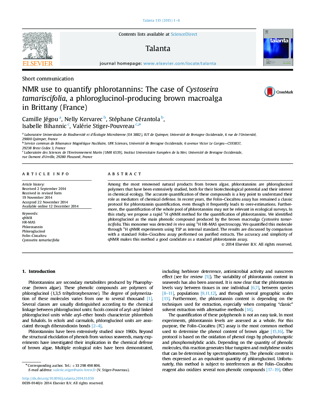 NMR use to quantify phlorotannins: The case of Cystoseira tamariscifolia, a phloroglucinol-producing brown macroalga in Brittany (France)
