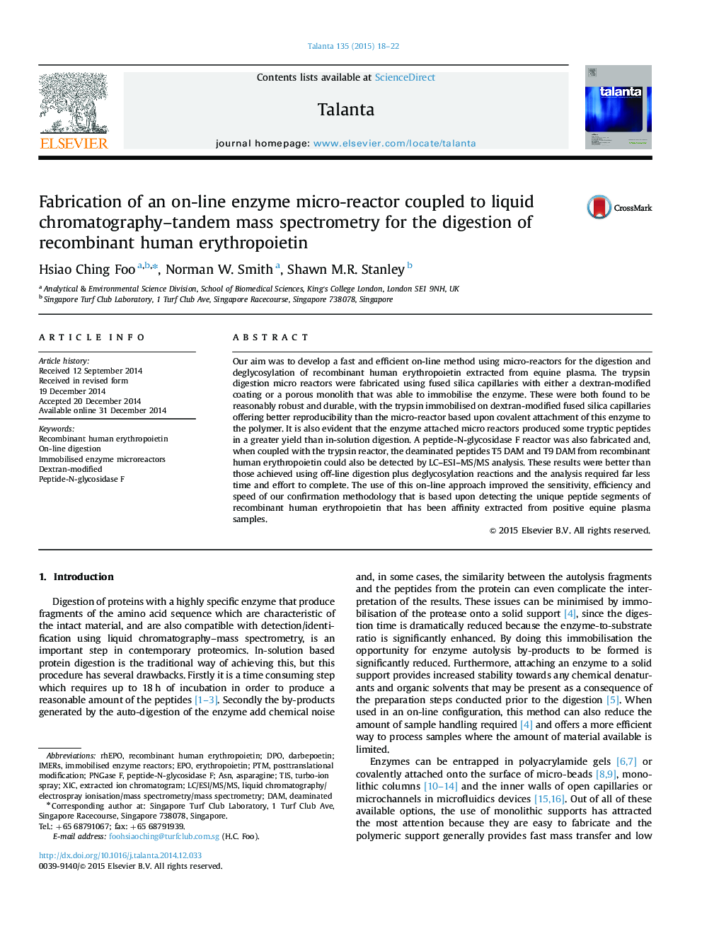 Fabrication of an on-line enzyme micro-reactor coupled to liquid chromatography–tandem mass spectrometry for the digestion of recombinant human erythropoietin