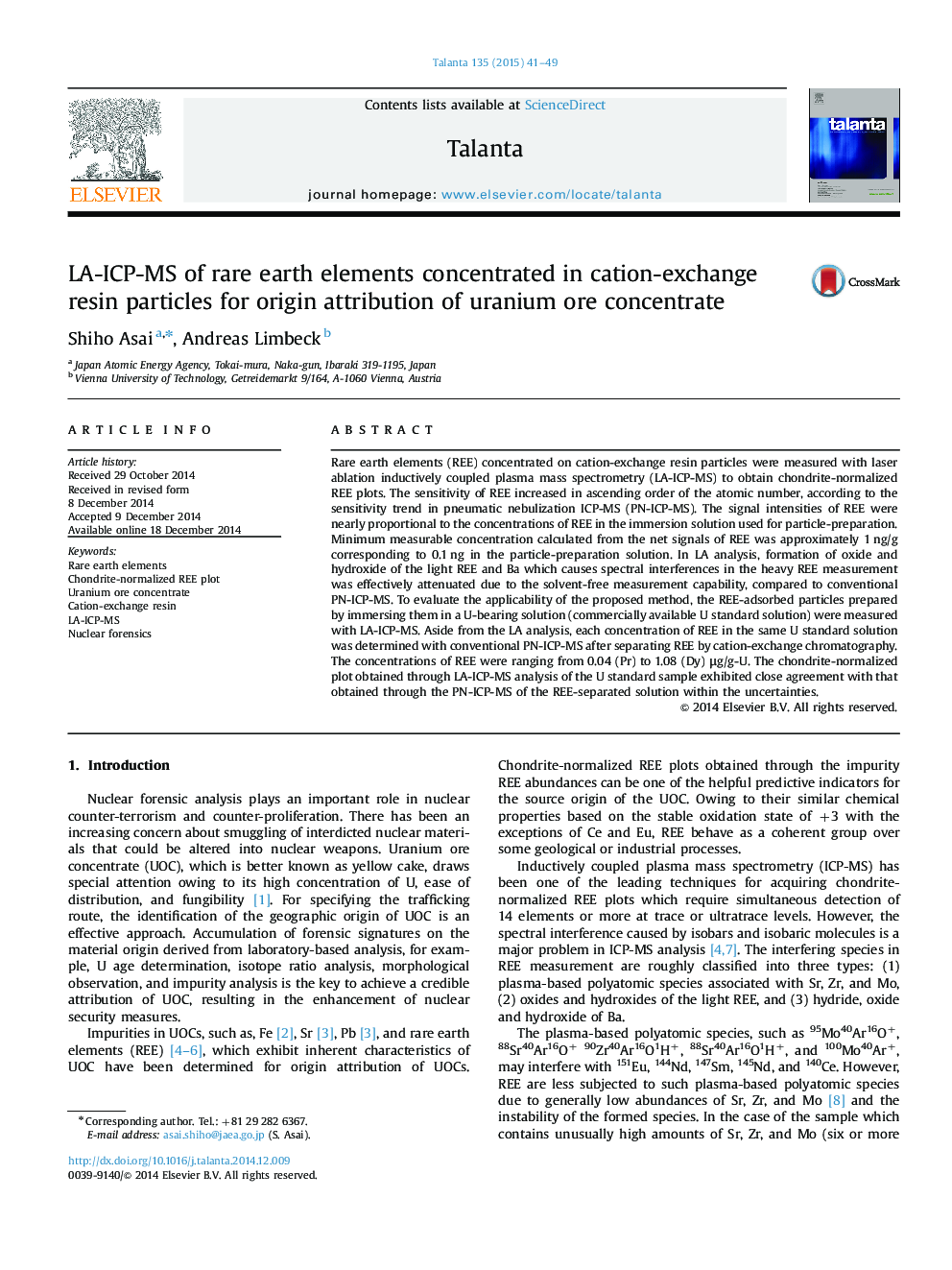 LA-ICP-MS of rare earth elements concentrated in cation-exchange resin particles for origin attribution of uranium ore concentrate