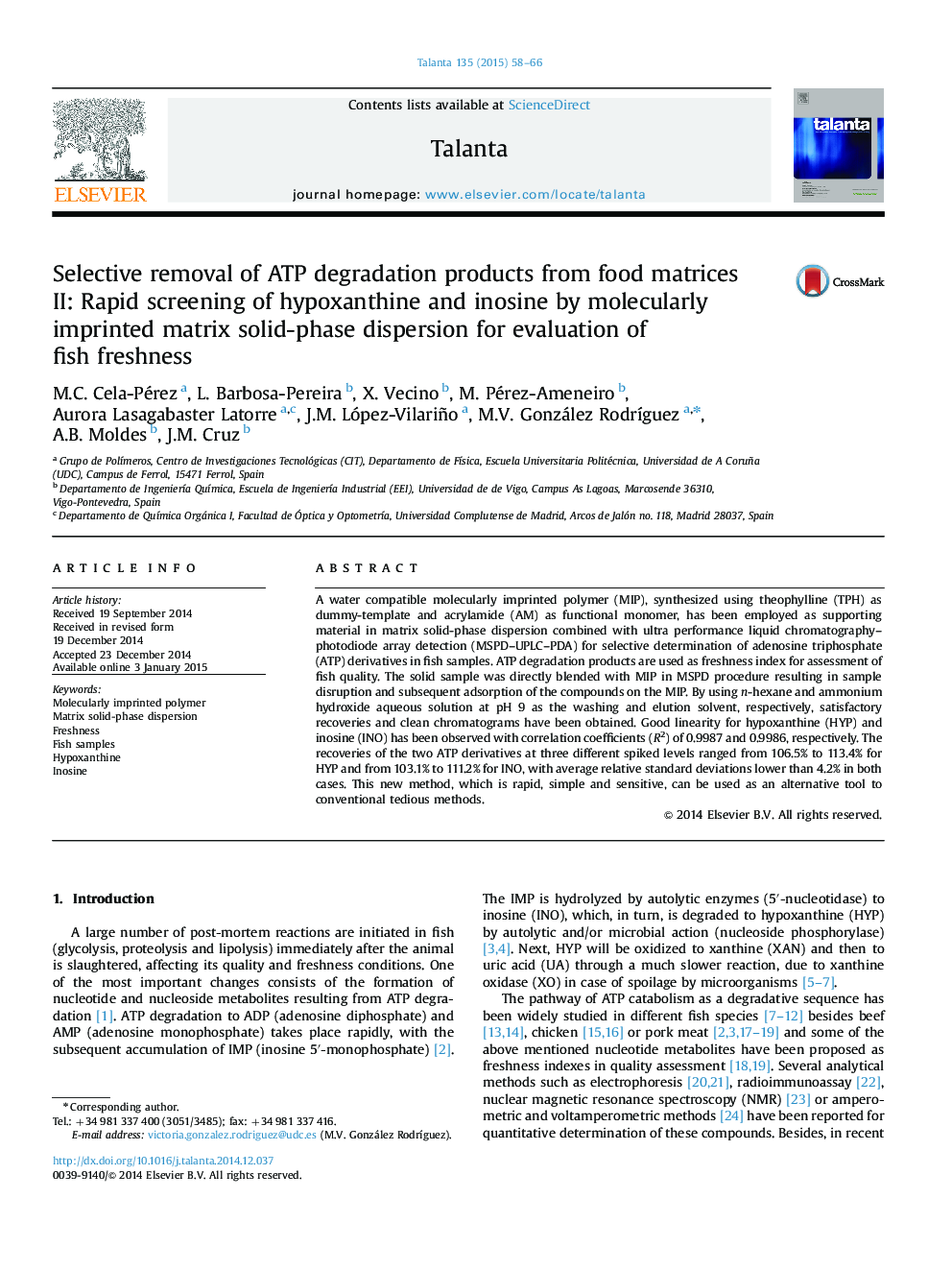 Selective removal of ATP degradation products from food matrices II: Rapid screening of hypoxanthine and inosine by molecularly imprinted matrix solid-phase dispersion for evaluation of fish freshness