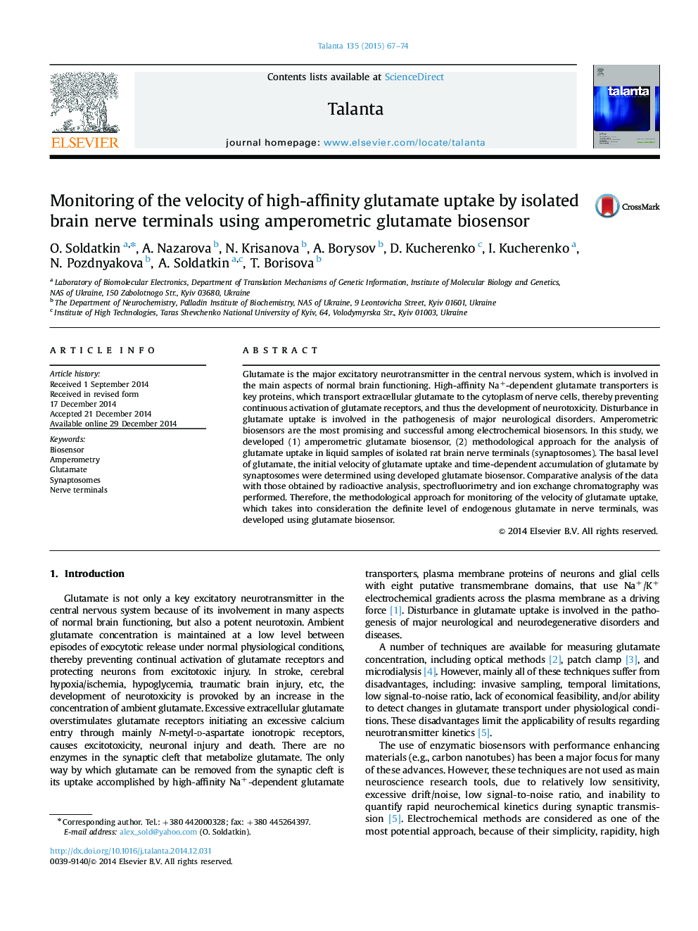 Monitoring of the velocity of high-affinity glutamate uptake by isolated brain nerve terminals using amperometric glutamate biosensor