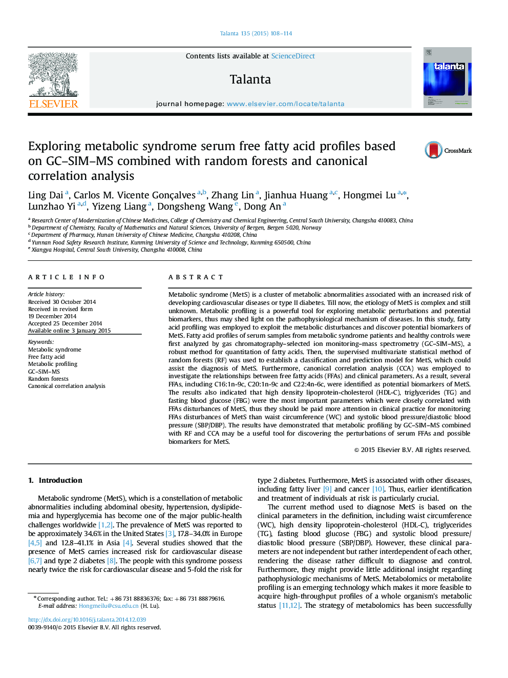 Exploring metabolic syndrome serum free fatty acid profiles based on GC–SIM–MS combined with random forests and canonical correlation analysis