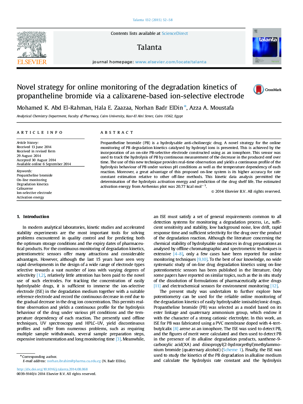 Novel strategy for online monitoring of the degradation kinetics of propantheline bromide via a calixarene-based ion-selective electrode