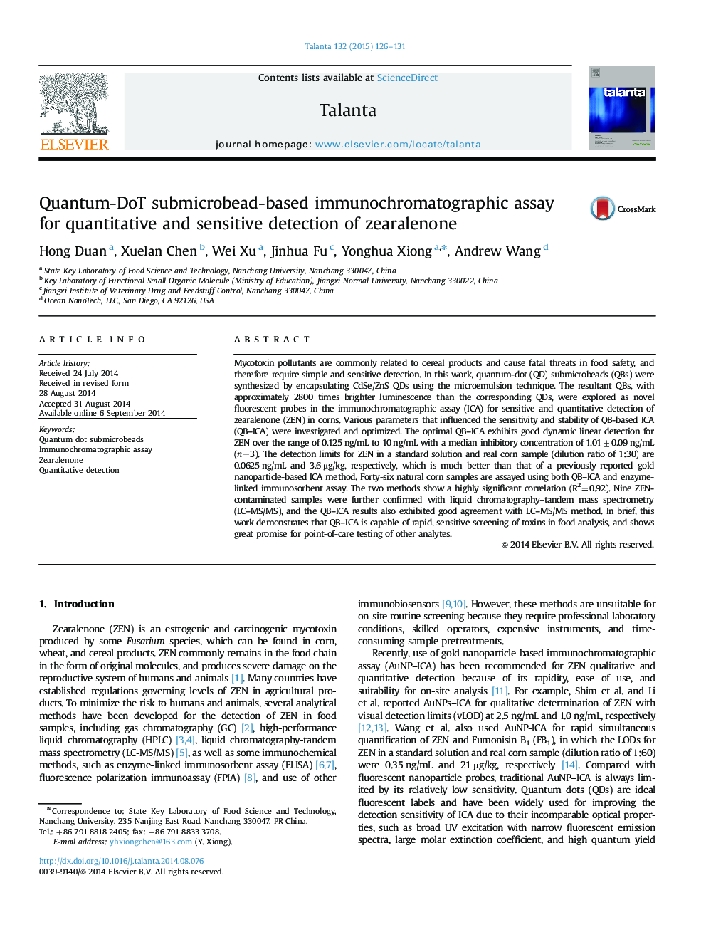 Quantum-DoT submicrobead-based immunochromatographic assay for quantitative and sensitive detection of zearalenone