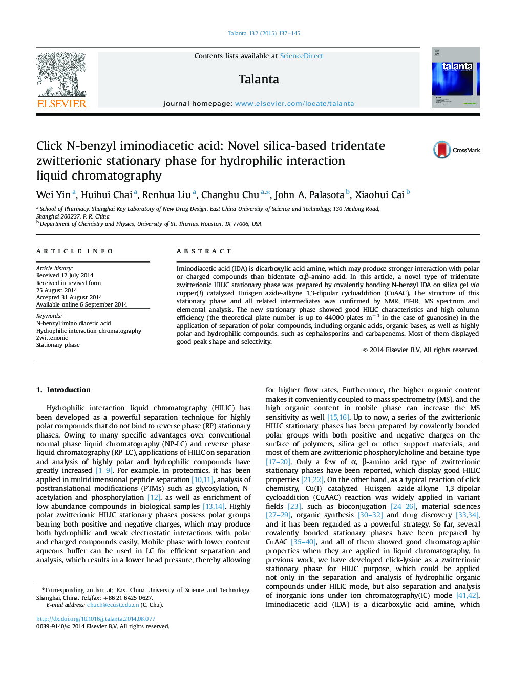 Click N-benzyl iminodiacetic acid: Novel silica-based tridentate zwitterionic stationary phase for hydrophilic interaction liquid chromatography