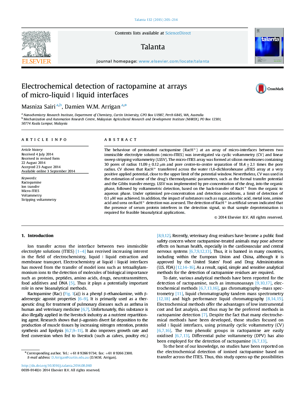 Electrochemical detection of ractopamine at arrays of micro-liquid | liquid interfaces