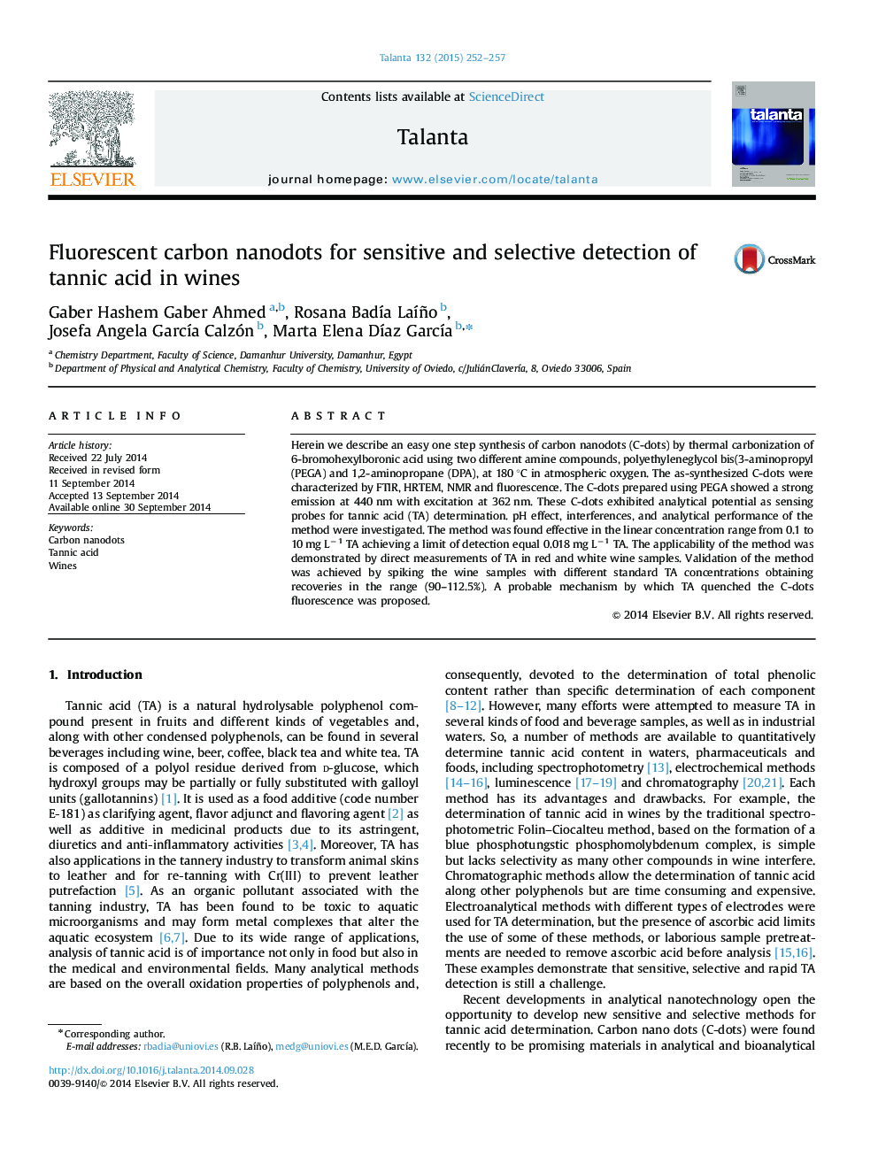 Fluorescent carbon nanodots for sensitive and selective detection of tannic acid in wines