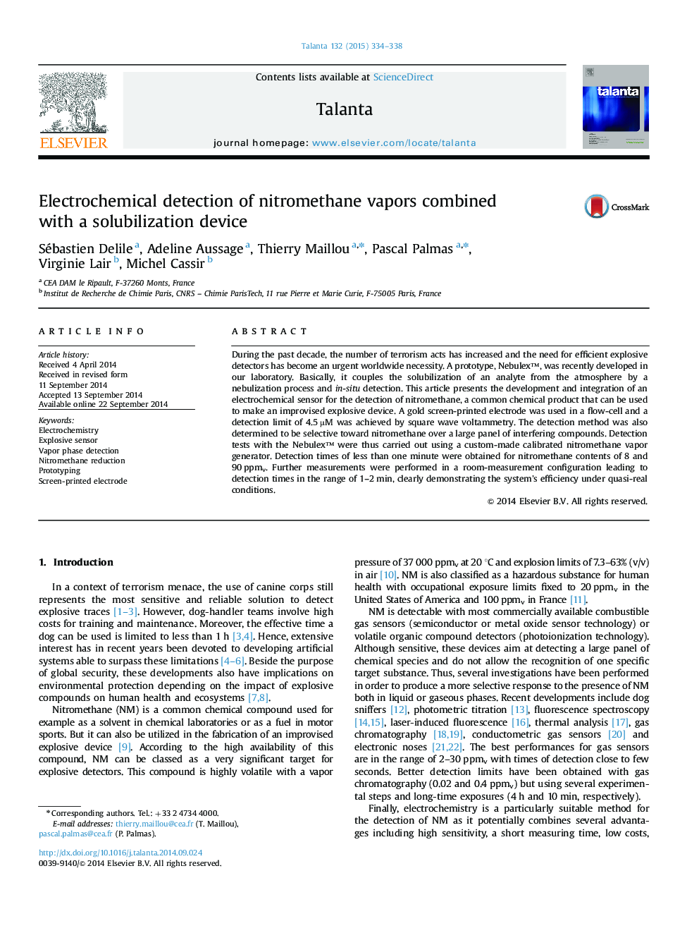 Electrochemical detection of nitromethane vapors combined with a solubilization device