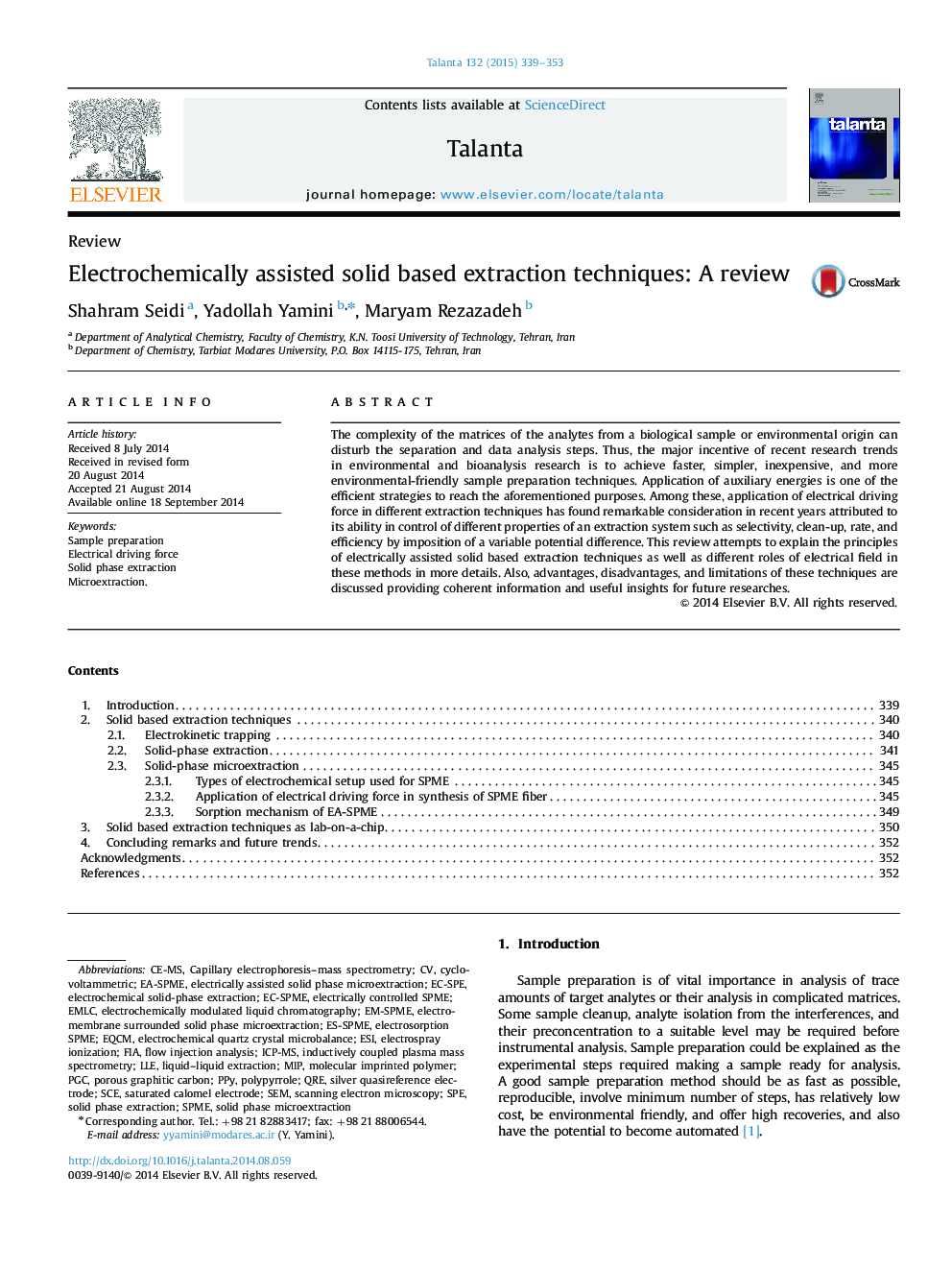 Electrochemically assisted solid based extraction techniques: A review