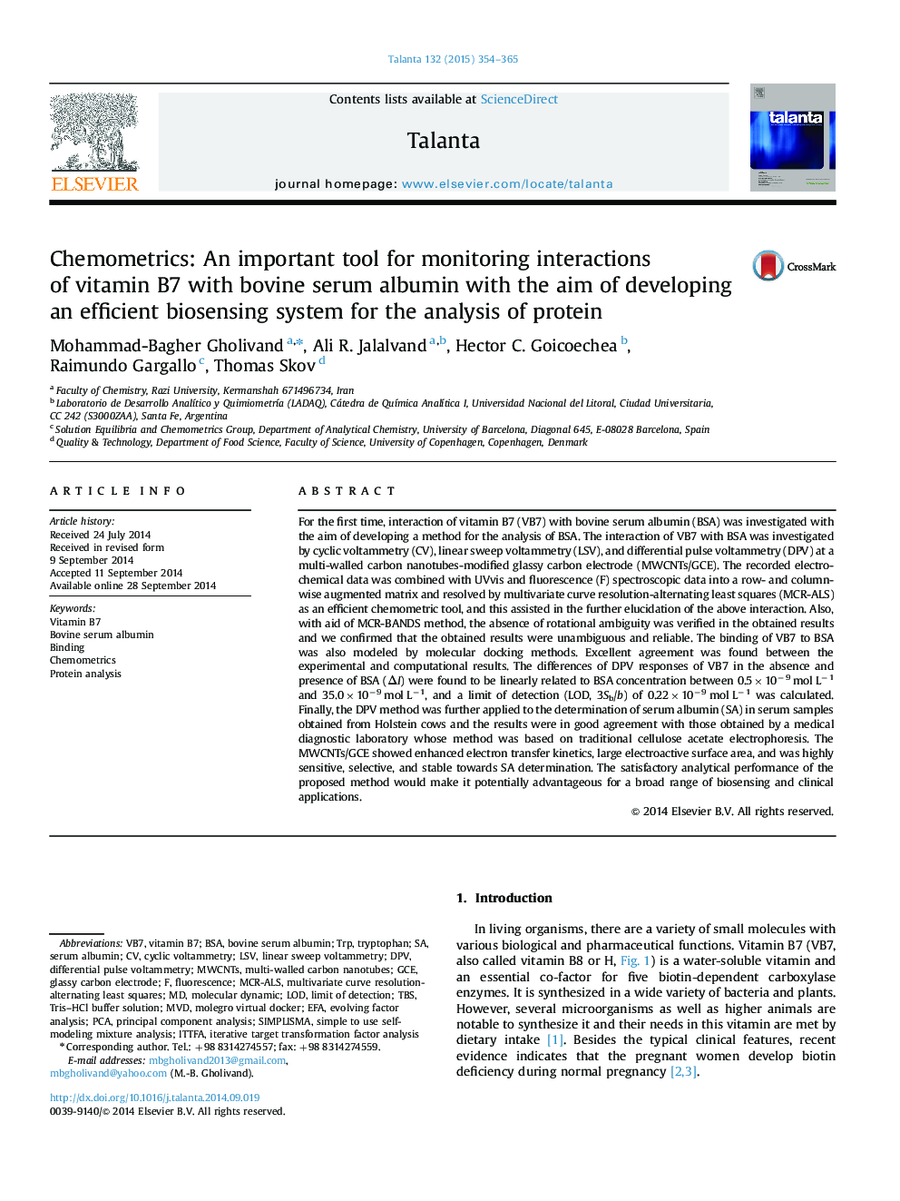 Chemometrics: An important tool for monitoring interactions of vitamin B7 with bovine serum albumin with the aim of developing an efficient biosensing system for the analysis of protein