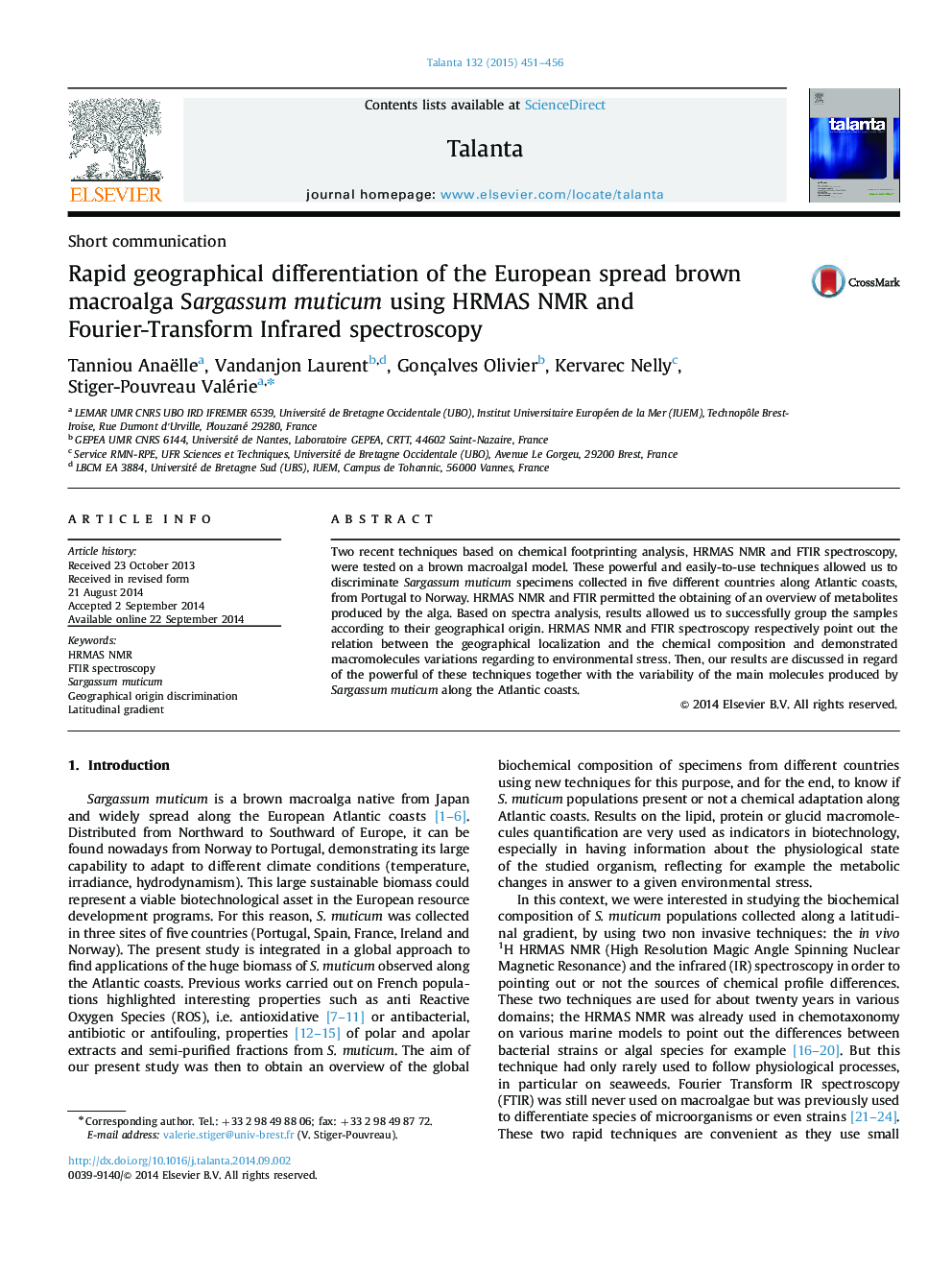 Rapid geographical differentiation of the European spread brown macroalga Sargassum muticum using HRMAS NMR and Fourier-Transform Infrared spectroscopy
