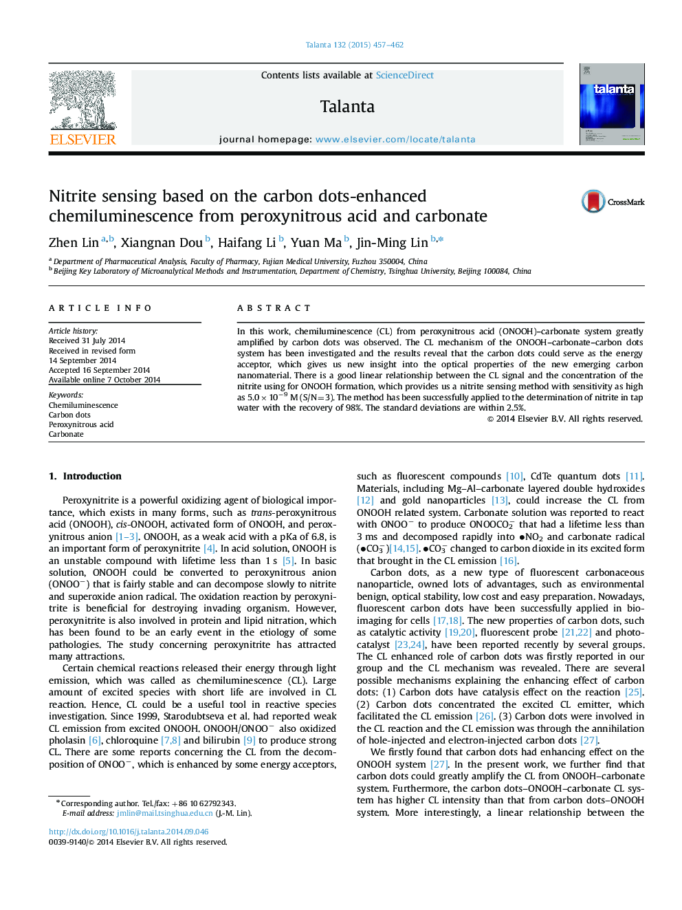 Nitrite sensing based on the carbon dots-enhanced chemiluminescence from peroxynitrous acid and carbonate