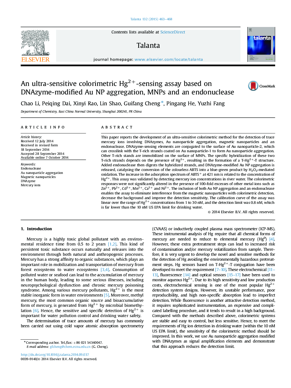 An ultra-sensitive colorimetric Hg2+-sensing assay based on DNAzyme-modified Au NP aggregation, MNPs and an endonuclease