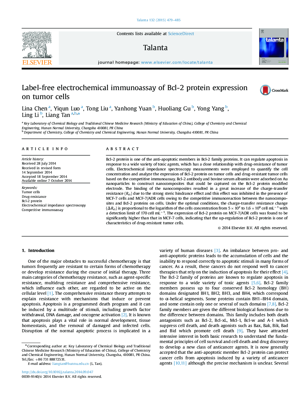 Label-free electrochemical immunoassay of Bcl-2 protein expression on tumor cells