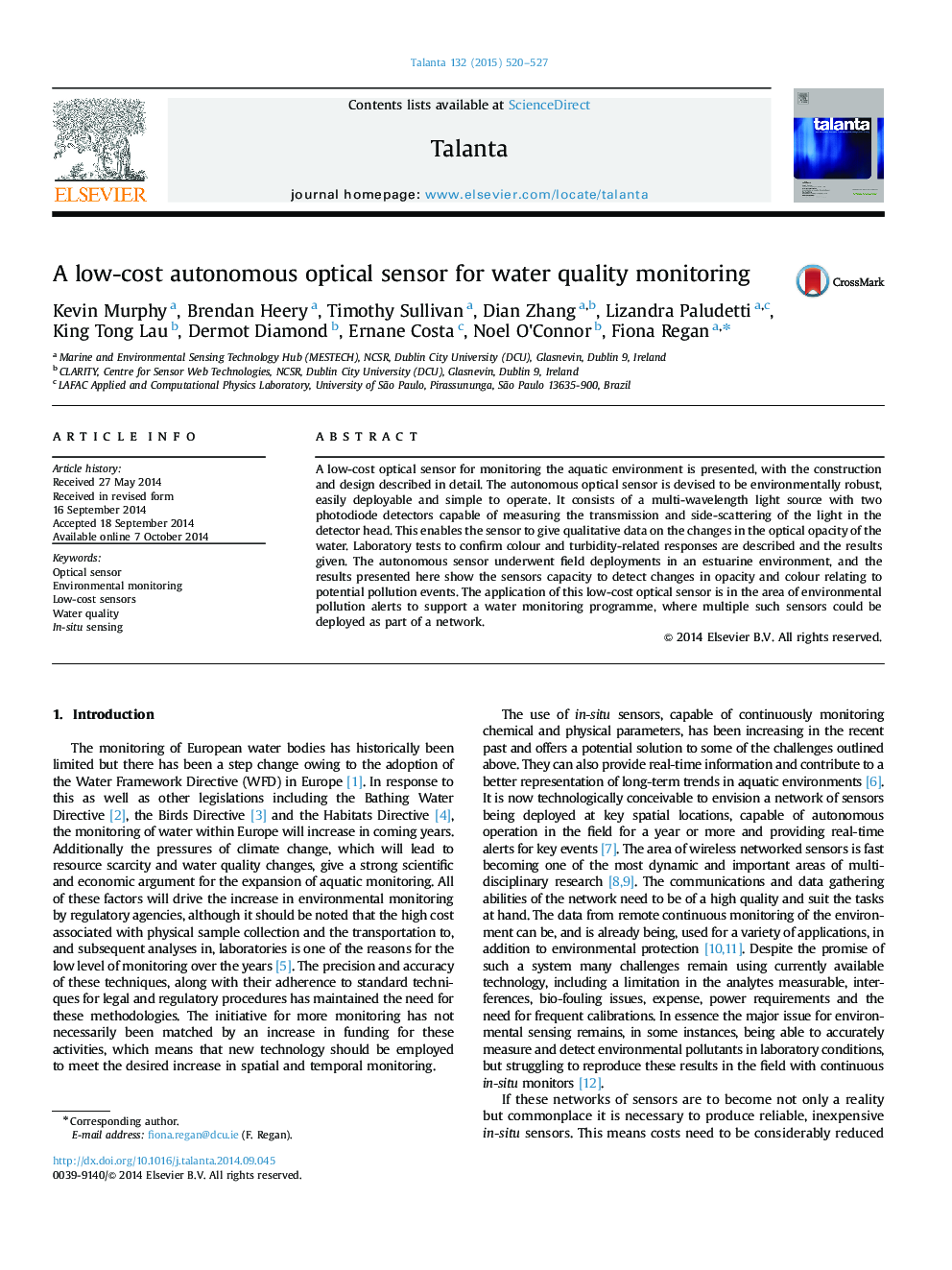 A low-cost autonomous optical sensor for water quality monitoring