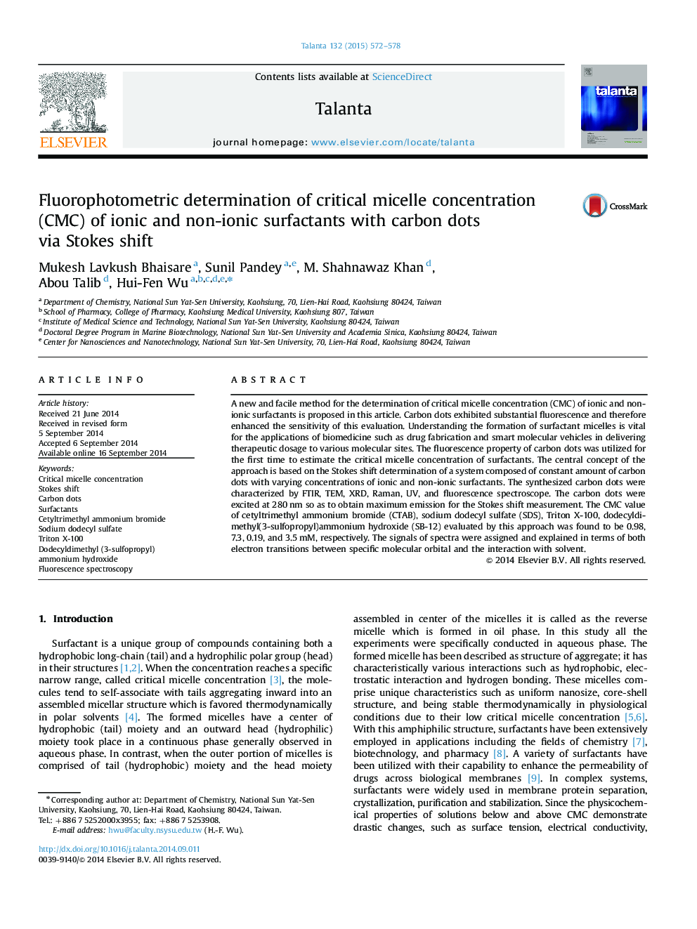 Fluorophotometric determination of critical micelle concentration (CMC) of ionic and non-ionic surfactants with carbon dots via Stokes shift