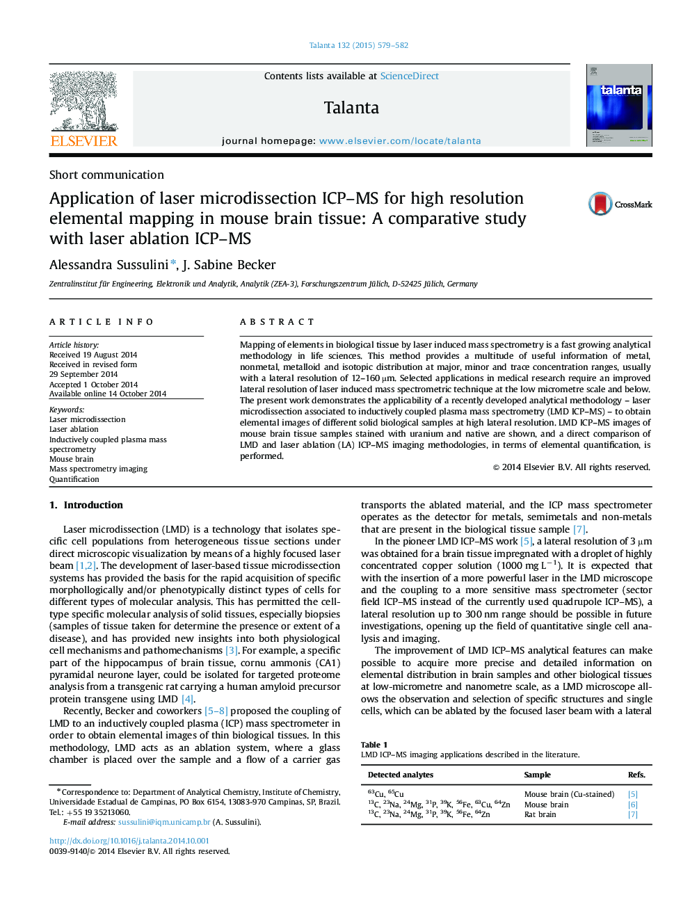 Application of laser microdissection ICP–MS for high resolution elemental mapping in mouse brain tissue: A comparative study with laser ablation ICP–MS