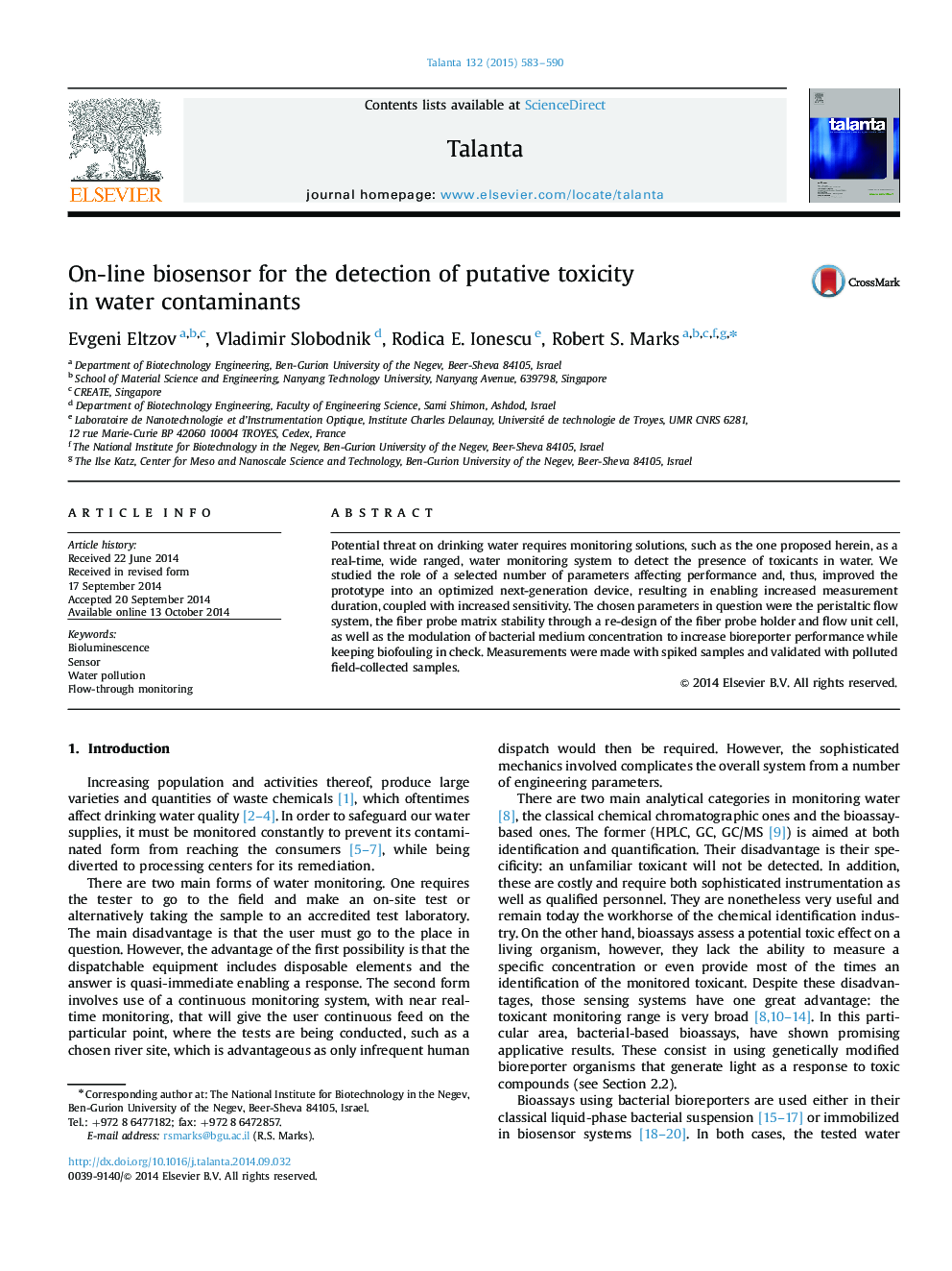 On-line biosensor for the detection of putative toxicity in water contaminants