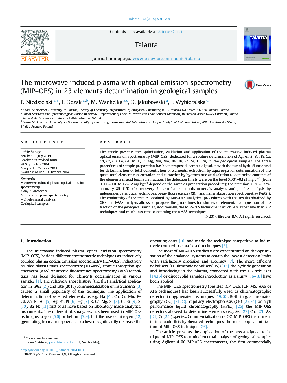 The microwave induced plasma with optical emission spectrometry (MIP–OES) in 23 elements determination in geological samples