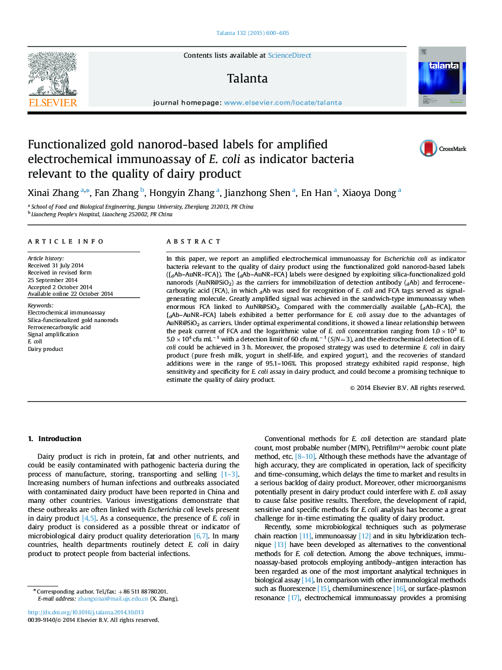 Functionalized gold nanorod-based labels for amplified electrochemical immunoassay of E. coli as indicator bacteria relevant to the quality of dairy product
