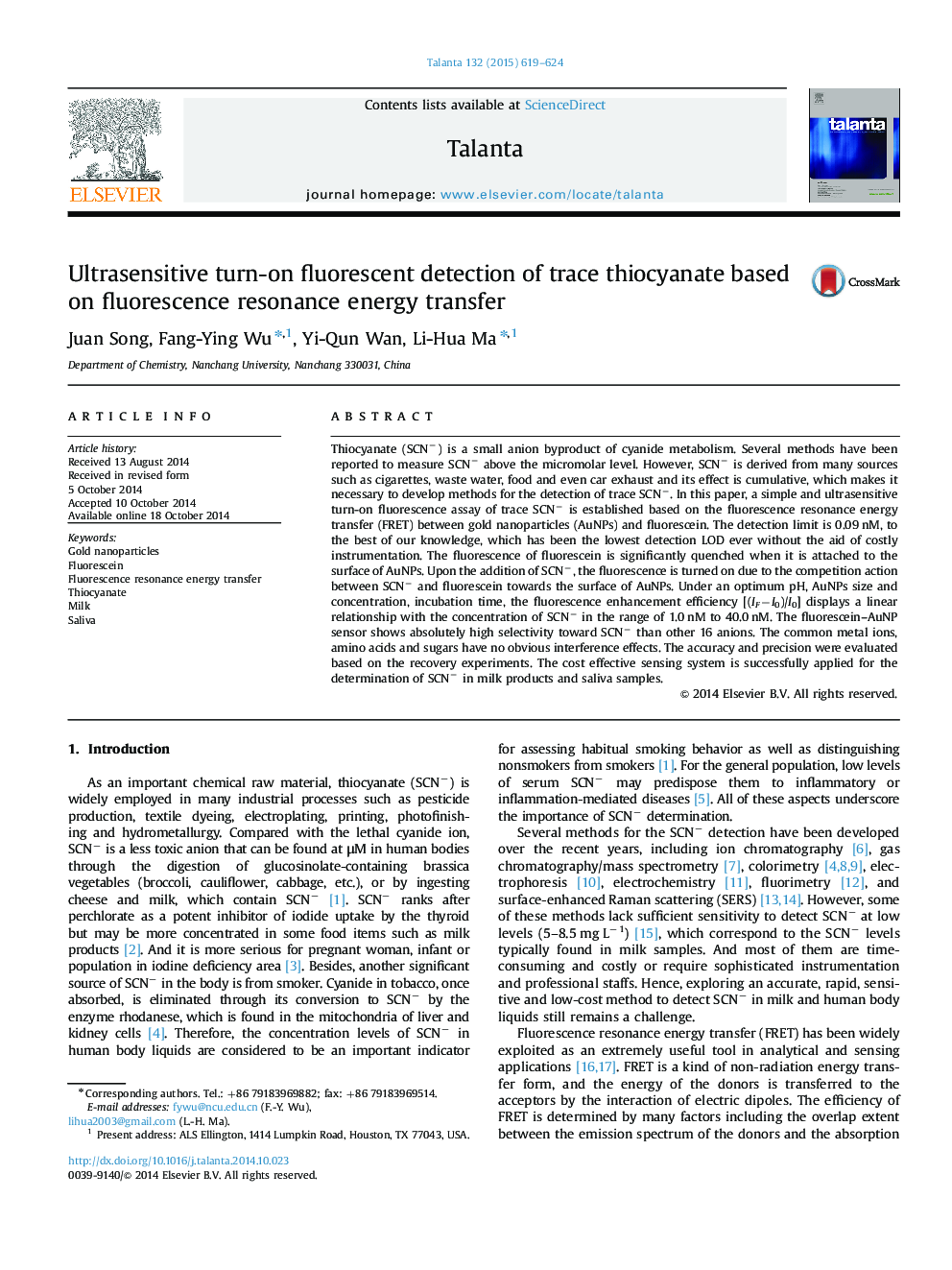 Ultrasensitive turn-on fluorescent detection of trace thiocyanate based on fluorescence resonance energy transfer