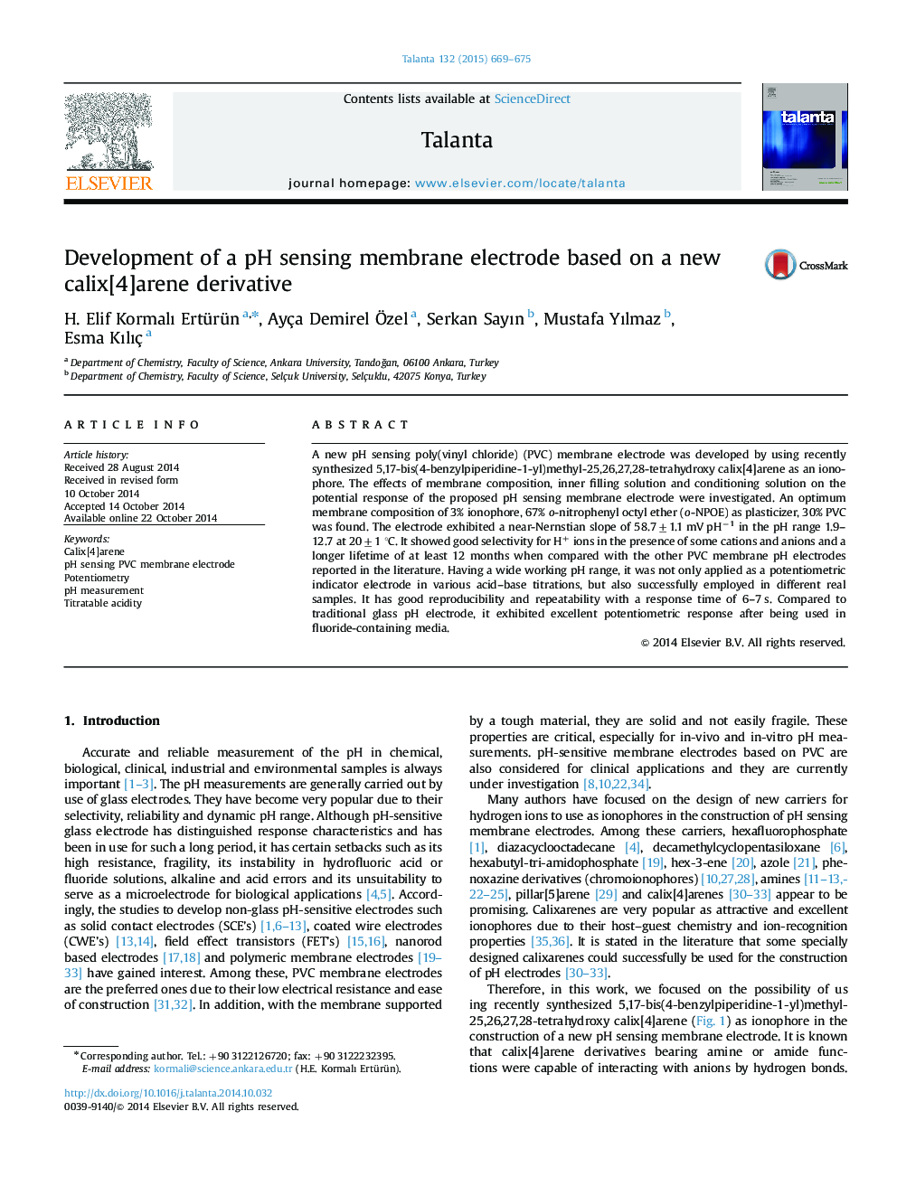 Development of a pH sensing membrane electrode based on a new calix[4]arene derivative