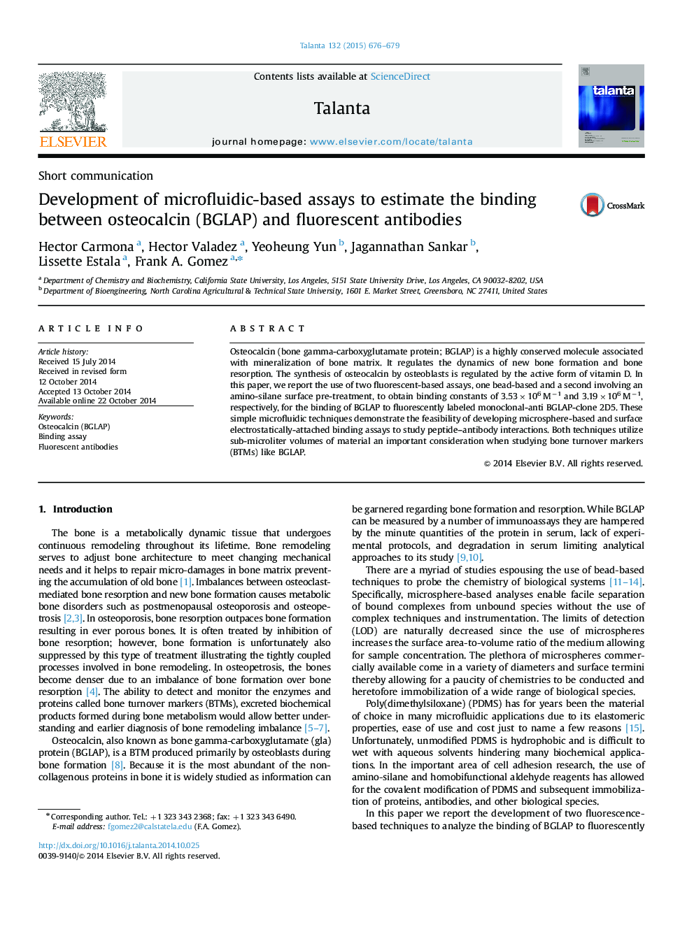 Development of microfluidic-based assays to estimate the binding between osteocalcin (BGLAP) and fluorescent antibodies