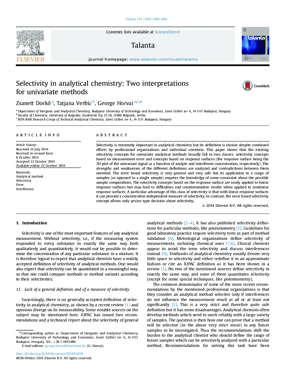 Selectivity in analytical chemistry: Two interpretations for univariate methods