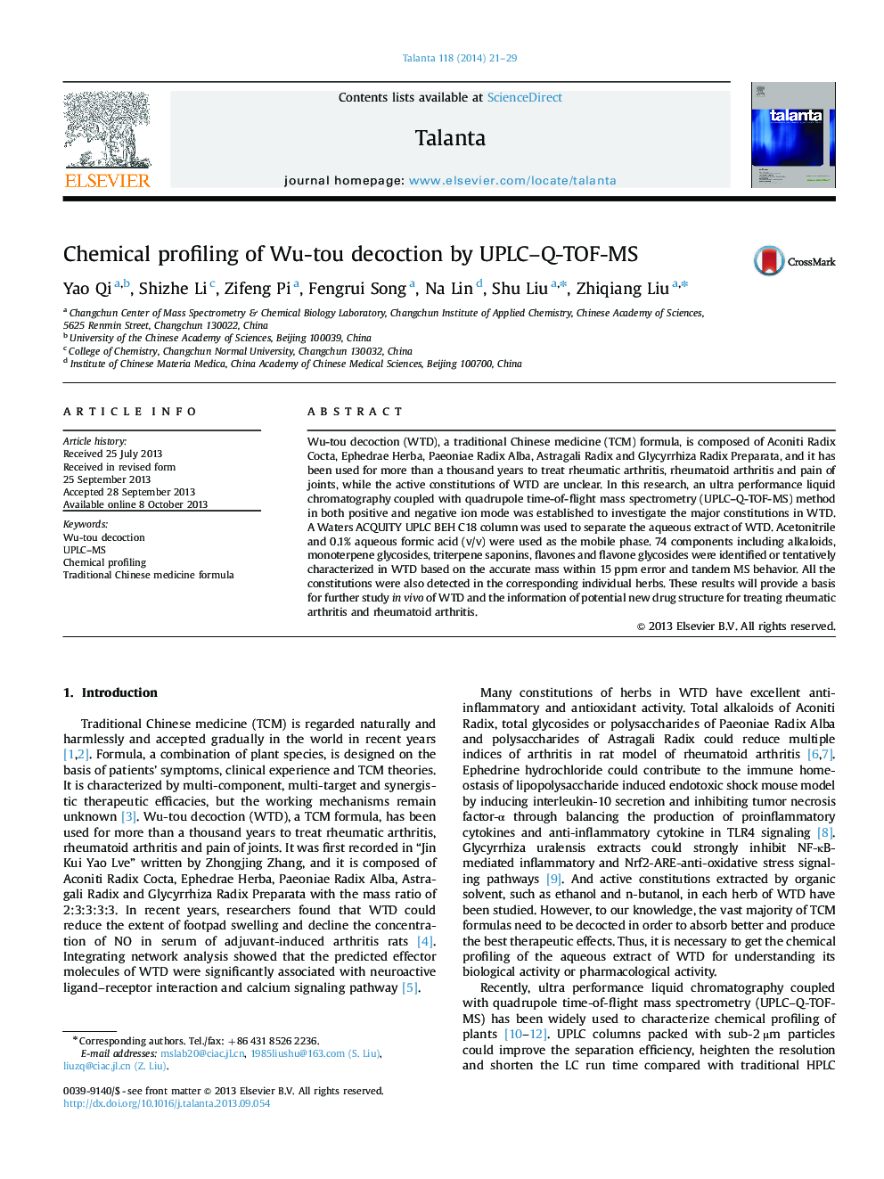 Chemical profiling of Wu-tou decoction by UPLC–Q-TOF-MS