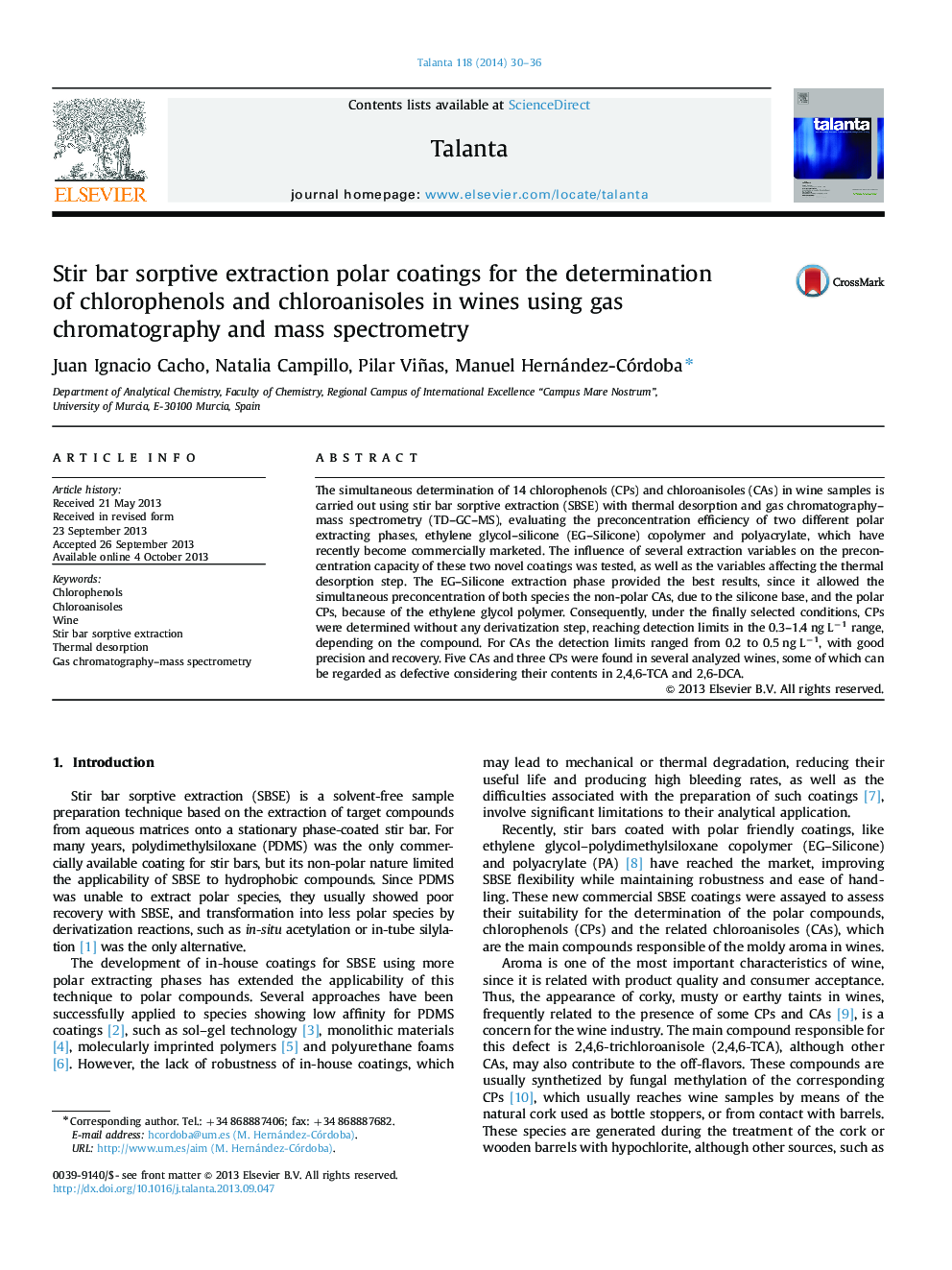 Stir bar sorptive extraction polar coatings for the determination of chlorophenols and chloroanisoles in wines using gas chromatography and mass spectrometry