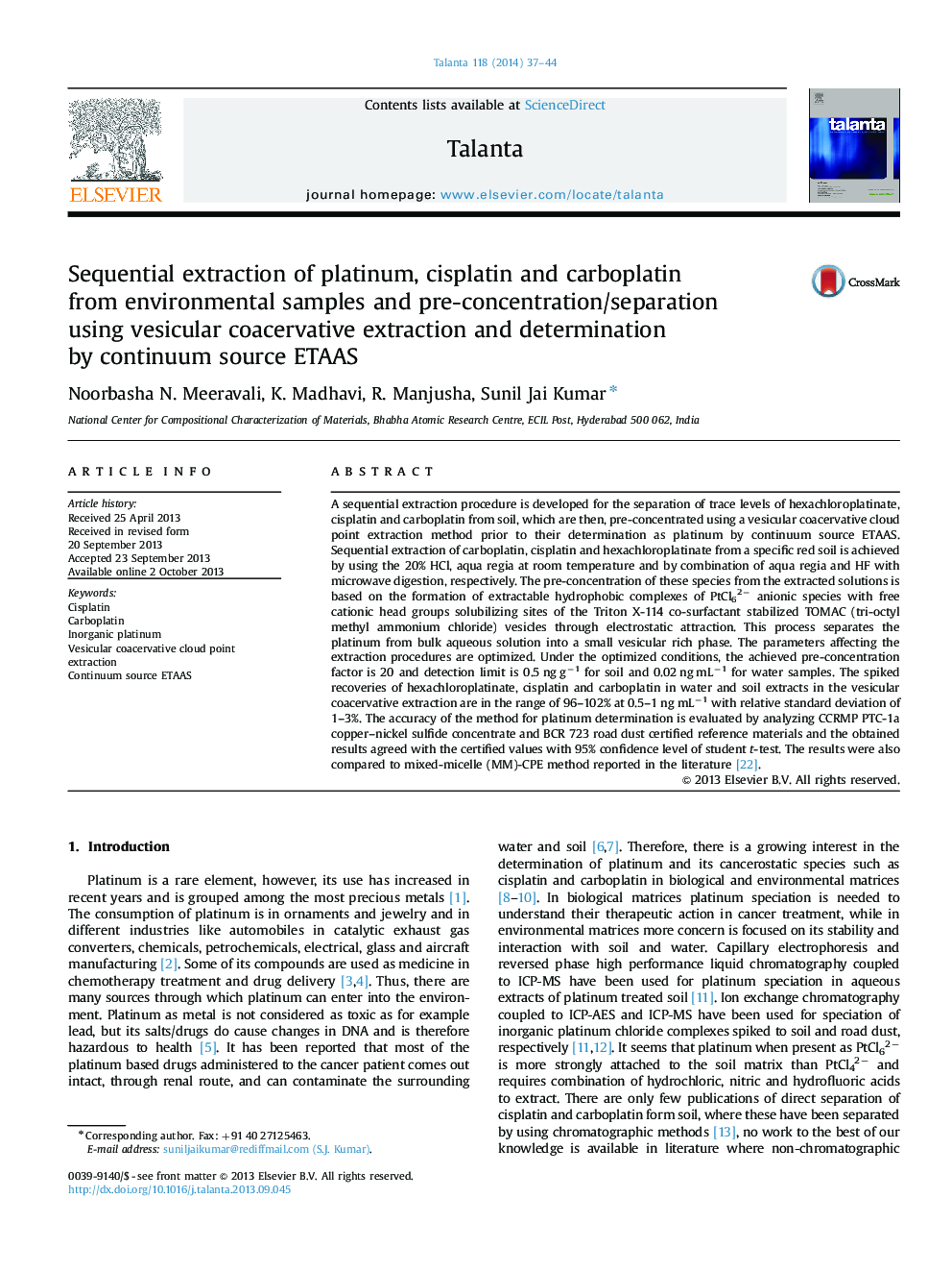 Sequential extraction of platinum, cisplatin and carboplatin from environmental samples and pre-concentration/separation using vesicular coacervative extraction and determination by continuum source ETAAS